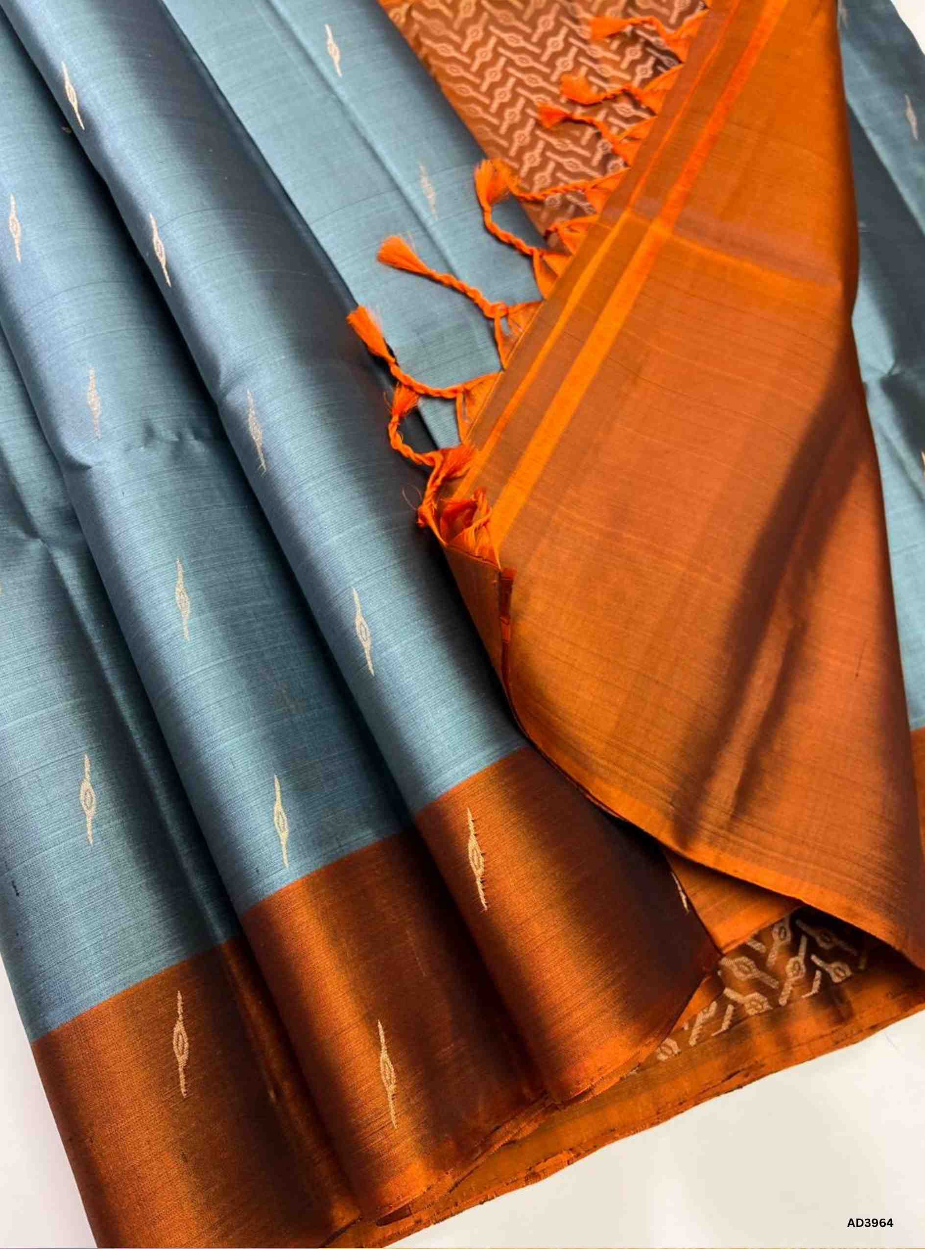 Grey & Rust Orange - Soft Silk Saree
