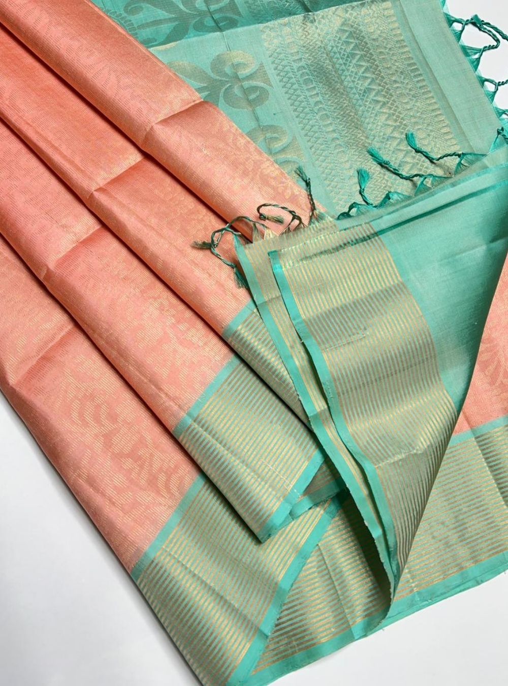 Peach & Seafoam Green - Soft Silk Saree