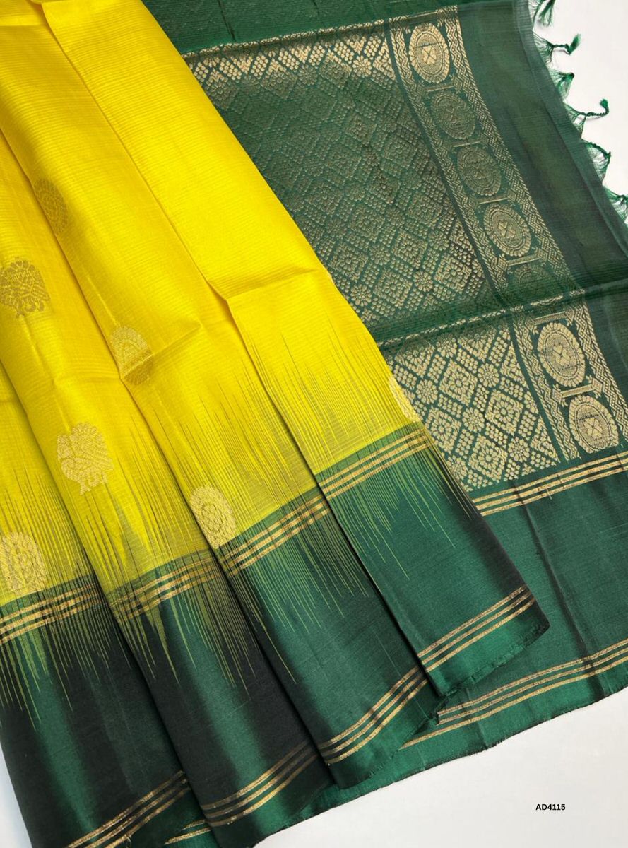 Yellow & Bottle Green - Fancy Border Soft Silk Saree
