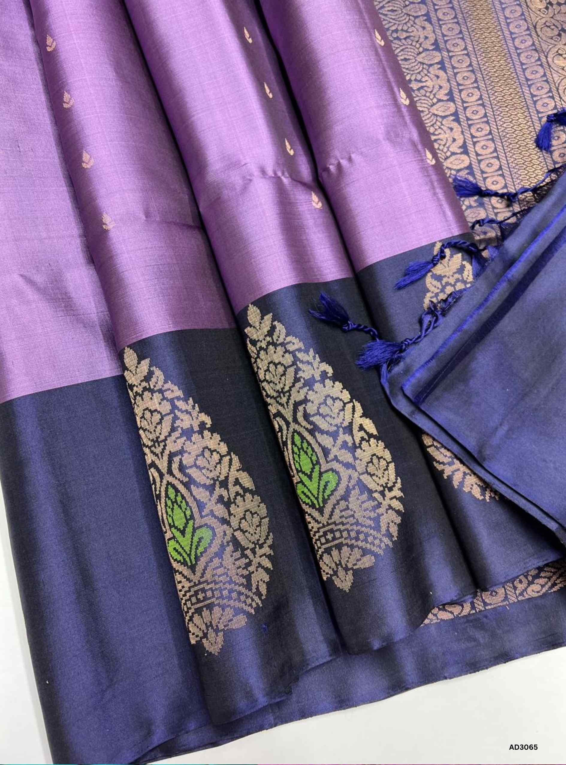 Lavender & Navy Blue - Soft Silk Saree