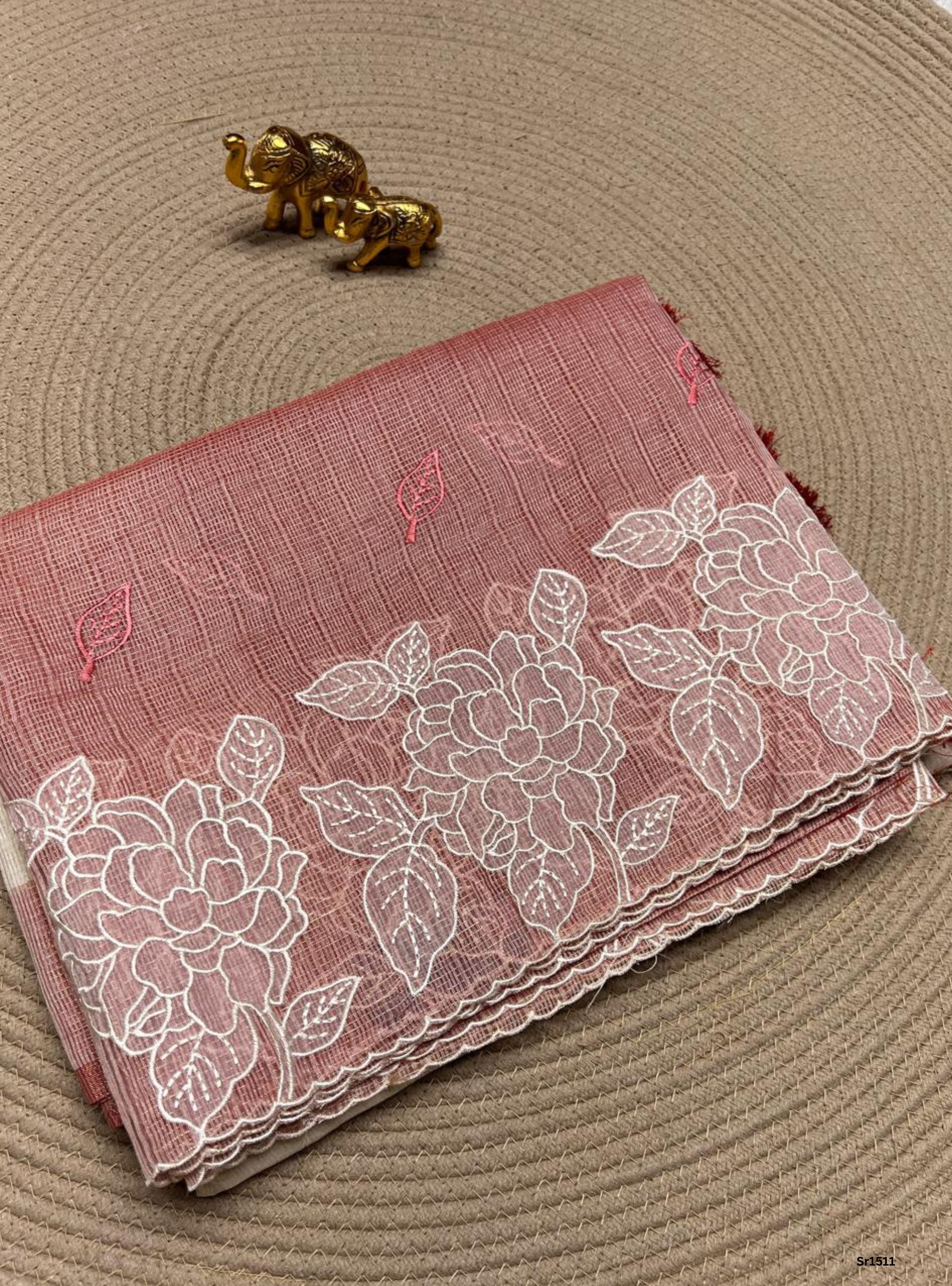 Cream & Red - Kota Applique Work Saree
