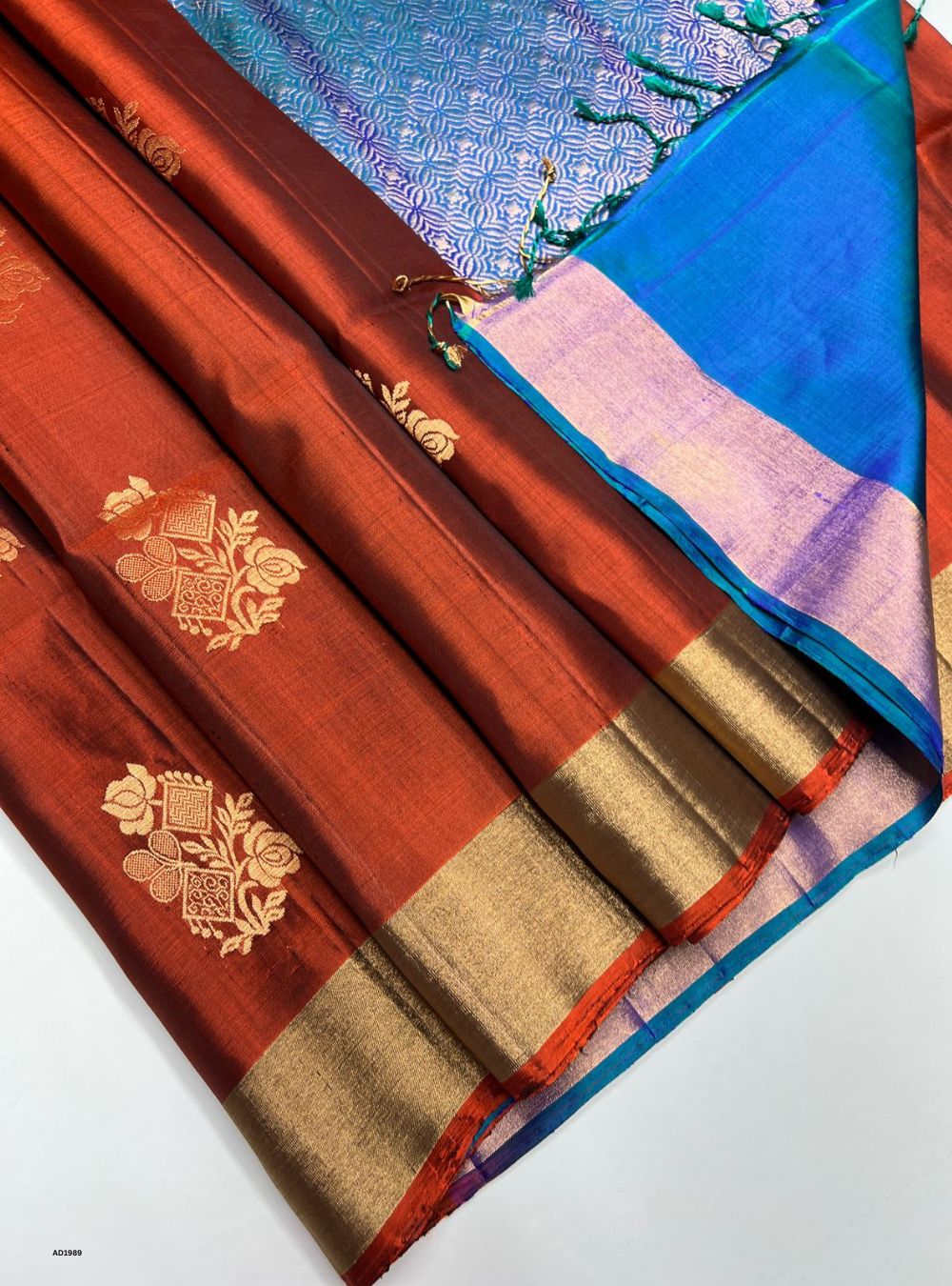 Brick Red & Peacock Blue - Soft Silk Saree