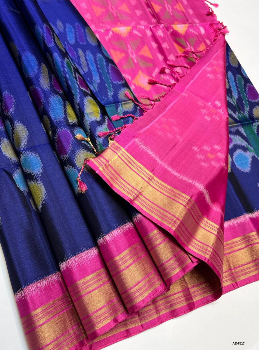 Navy Blue & Pink - Pochampally Soft Silk saree
