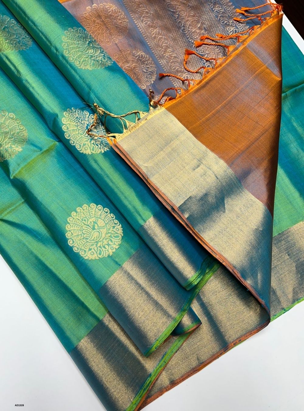 Sea Green & Dual Tone Orange - Soft Silk Saree