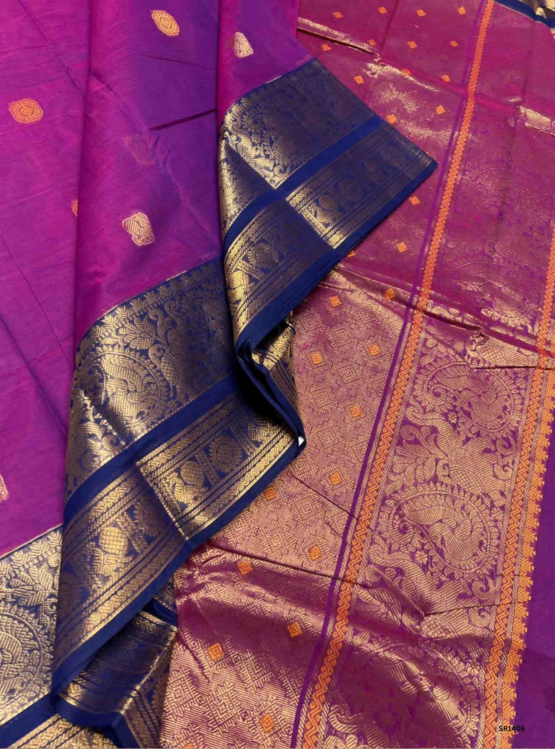 Magenta & Navy Blue - Kanchi Cotton Saree