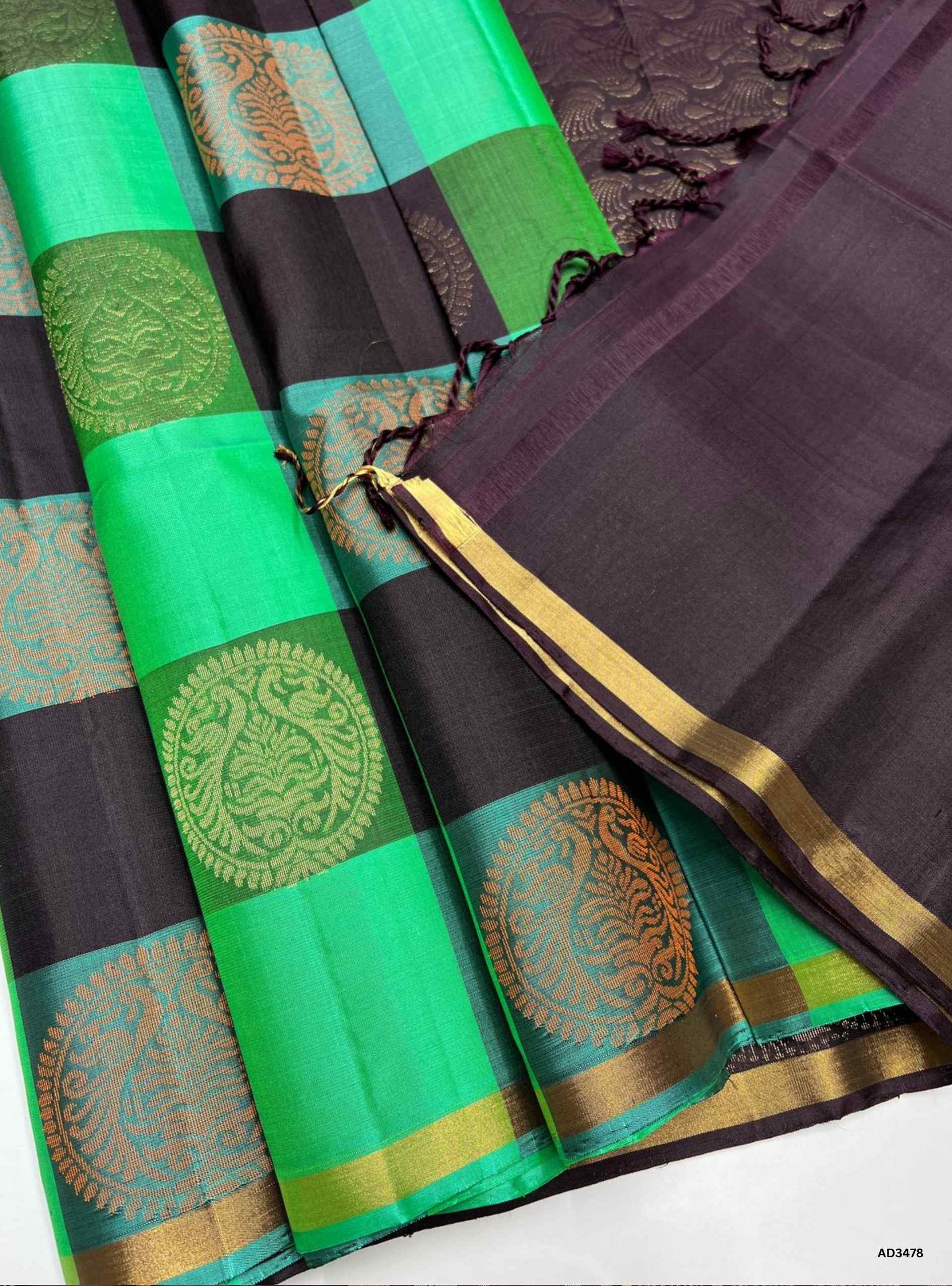 Spring Green & Coffee Brown - Soft Silk Saree
