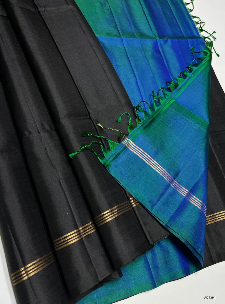 Peacock Blue & Black - Plain Soft Silk Saree