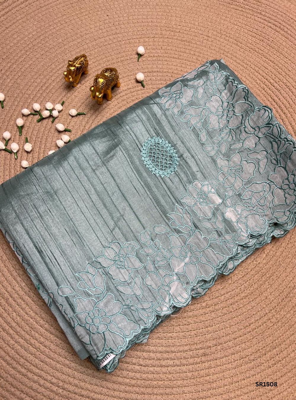 Sage Green - Semi Tussar Applique Cut Work Saree