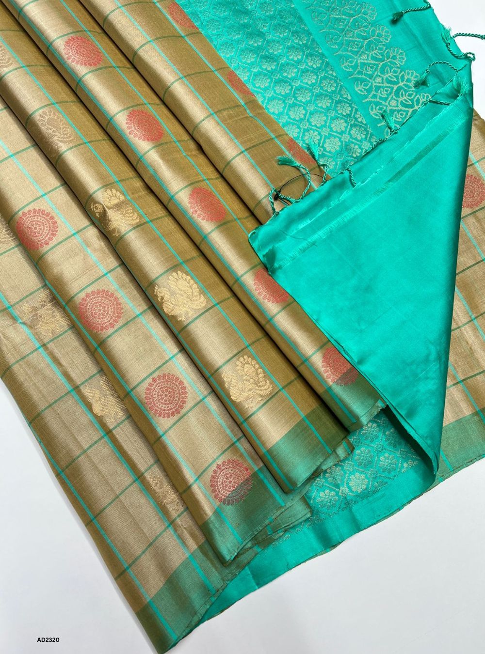 Beige & Aqua Blue - Soft Silk Saree
