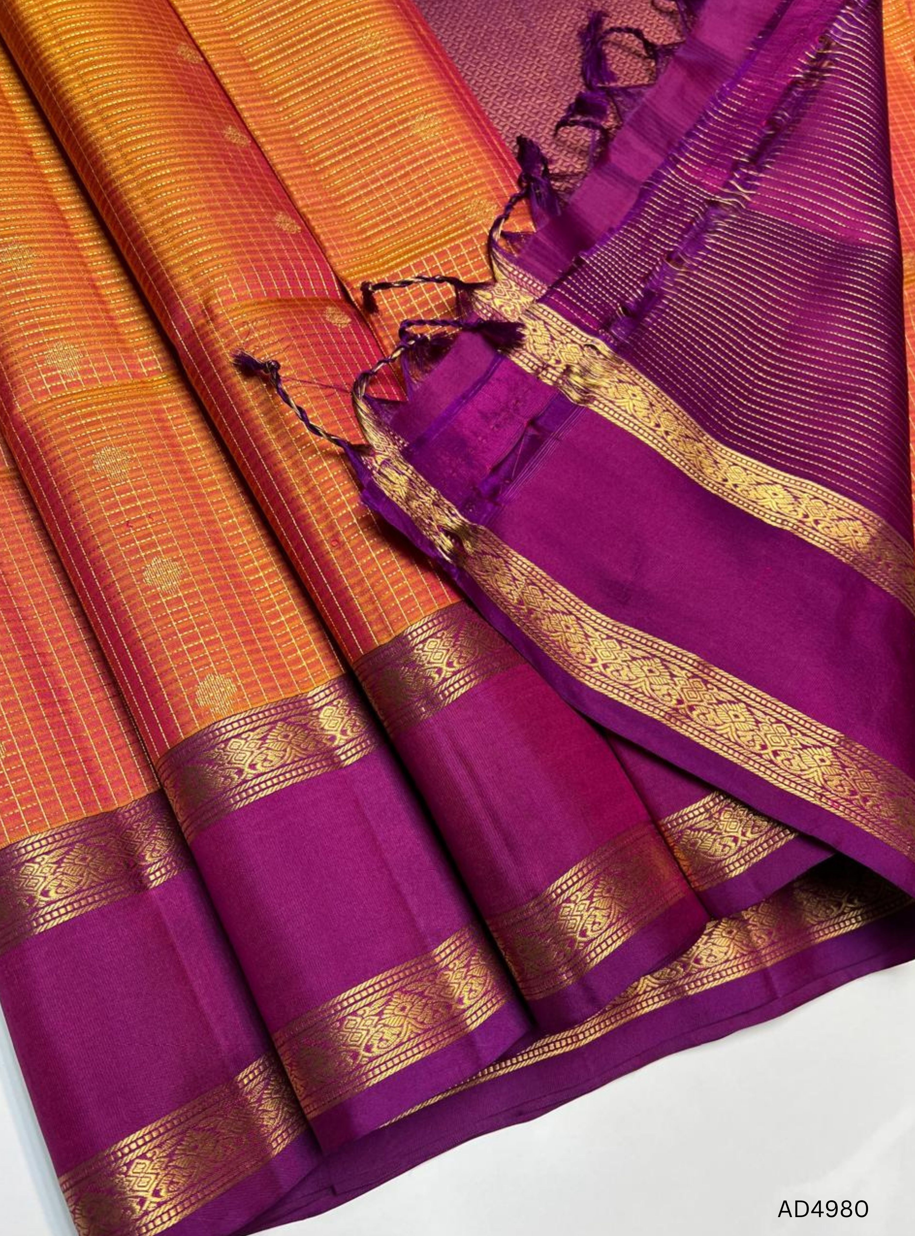 Dual Tone Orange & Purple - Checkerd Retta Pet Soft Silk Saree