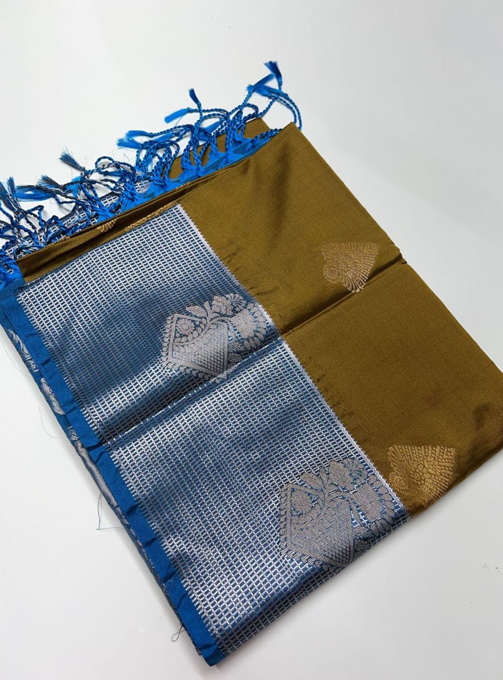 Mehendi Brown & Blue - Semi Silk Saree