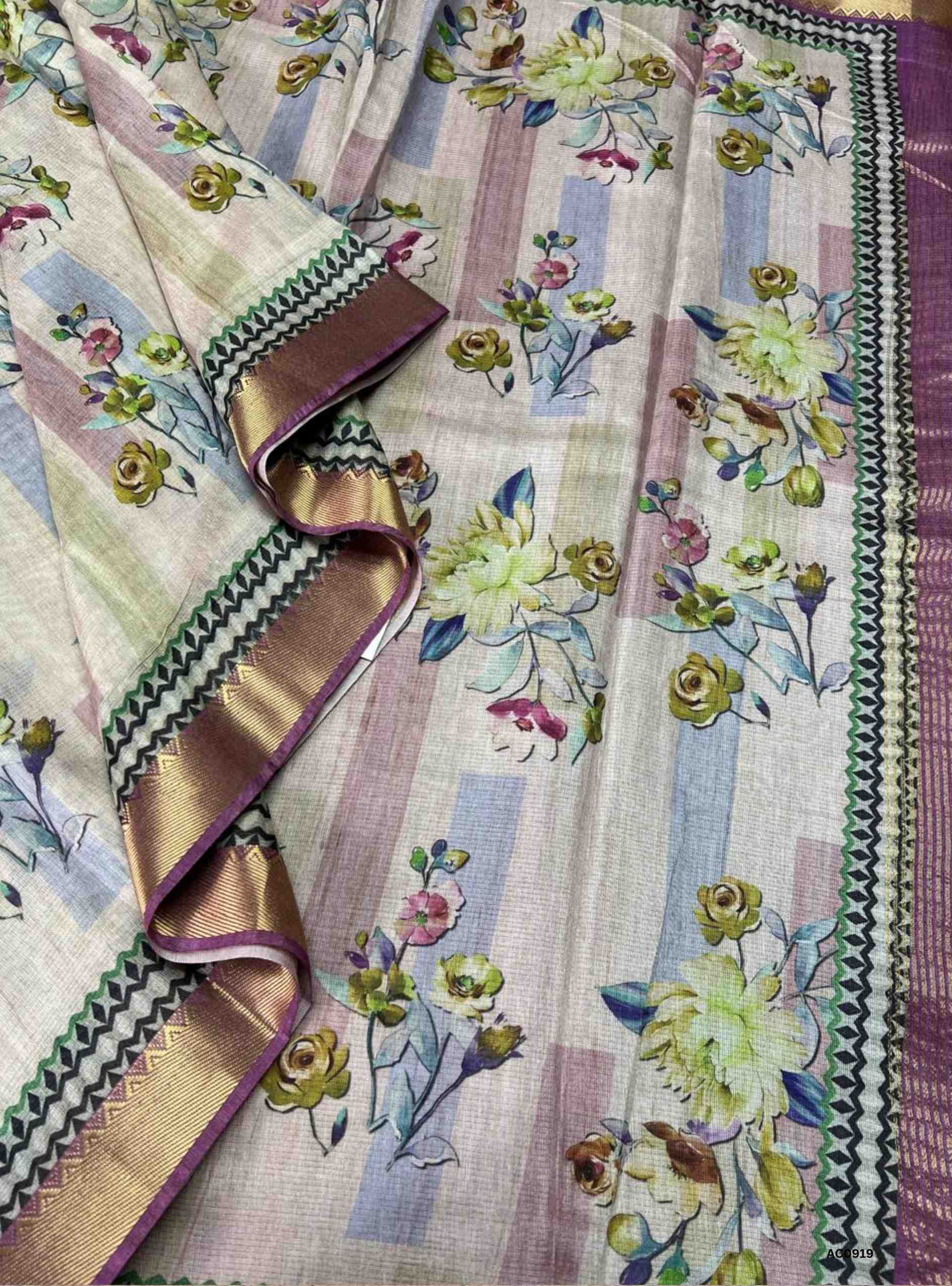Half White & Purple - Semi Tusser Saree