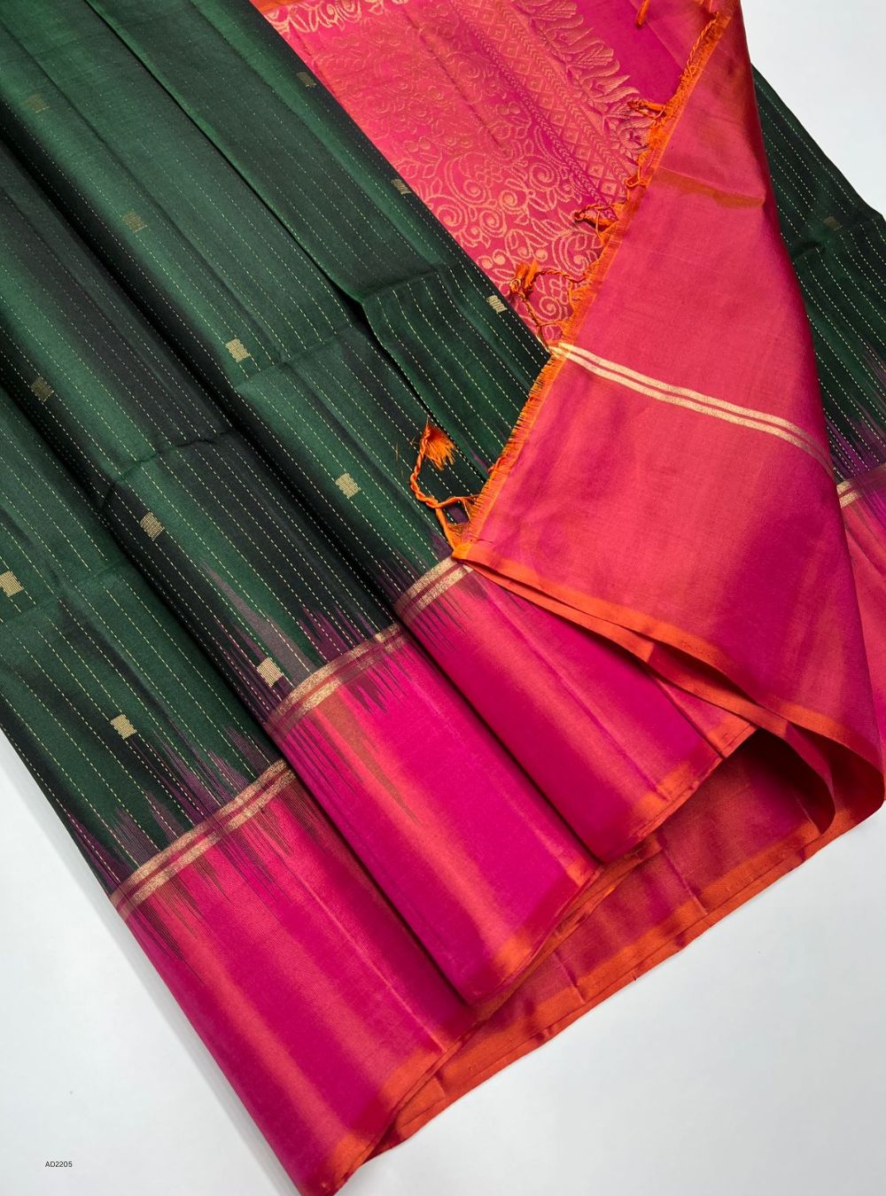 Bottle Green & Orangish Pink - Soft Silk Saree