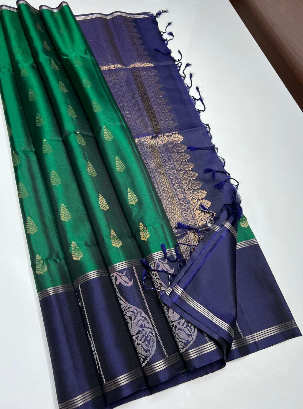 Bottle Green & Navy - Soft Silk Saree