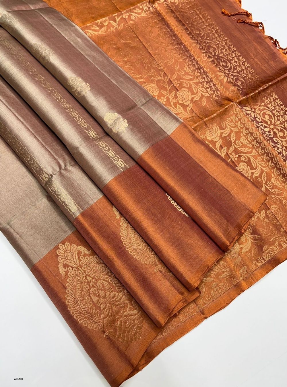 Beige & Orange - Soft Silk Saree