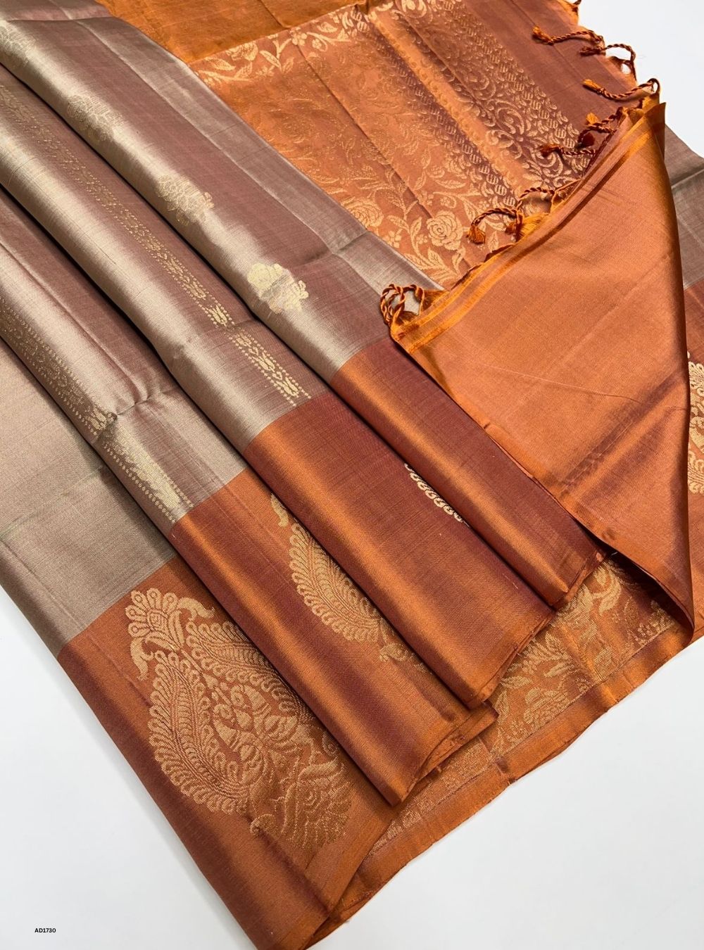 Beige & Orange - Soft Silk Saree