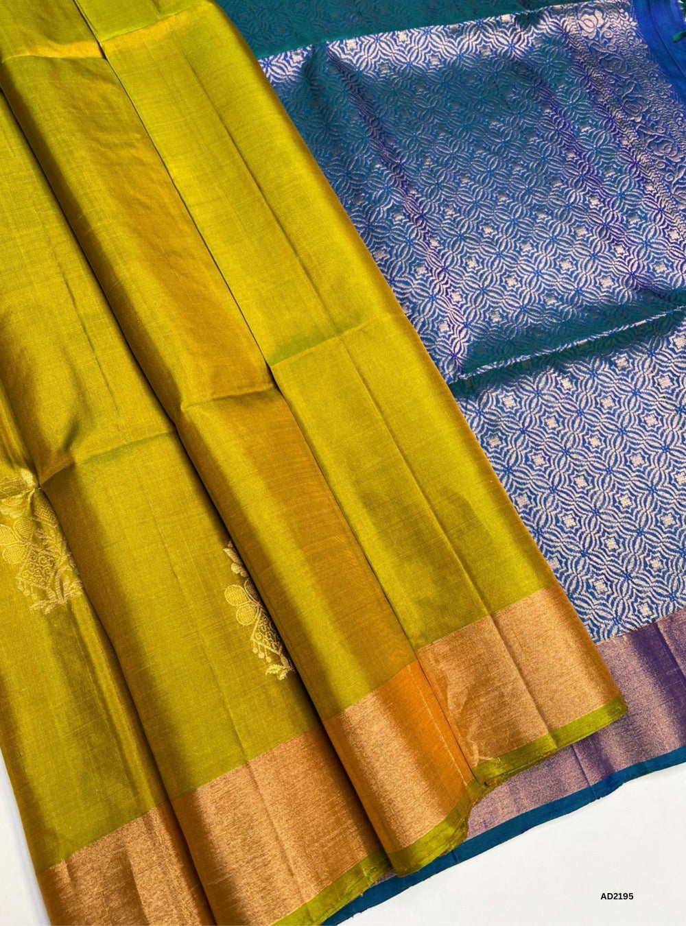 Dark Lime Yellow & Peacock Blue - Soft Silk Saree