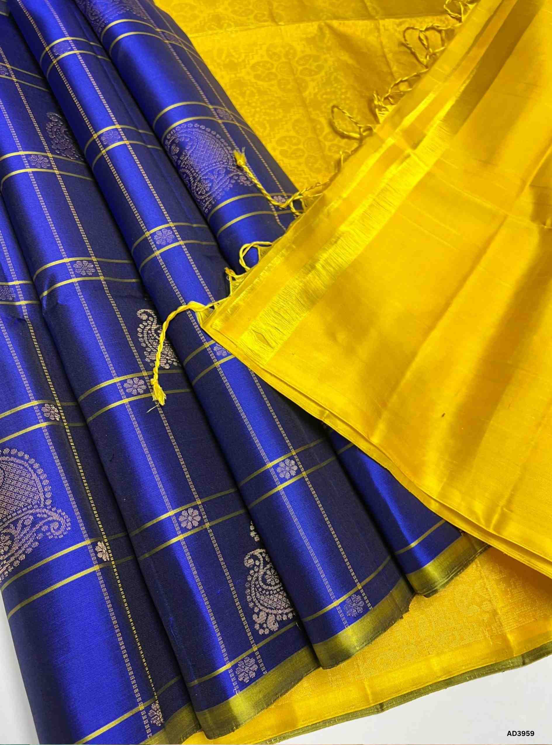 Royal & Yellow - Checkered Soft Silk Saree