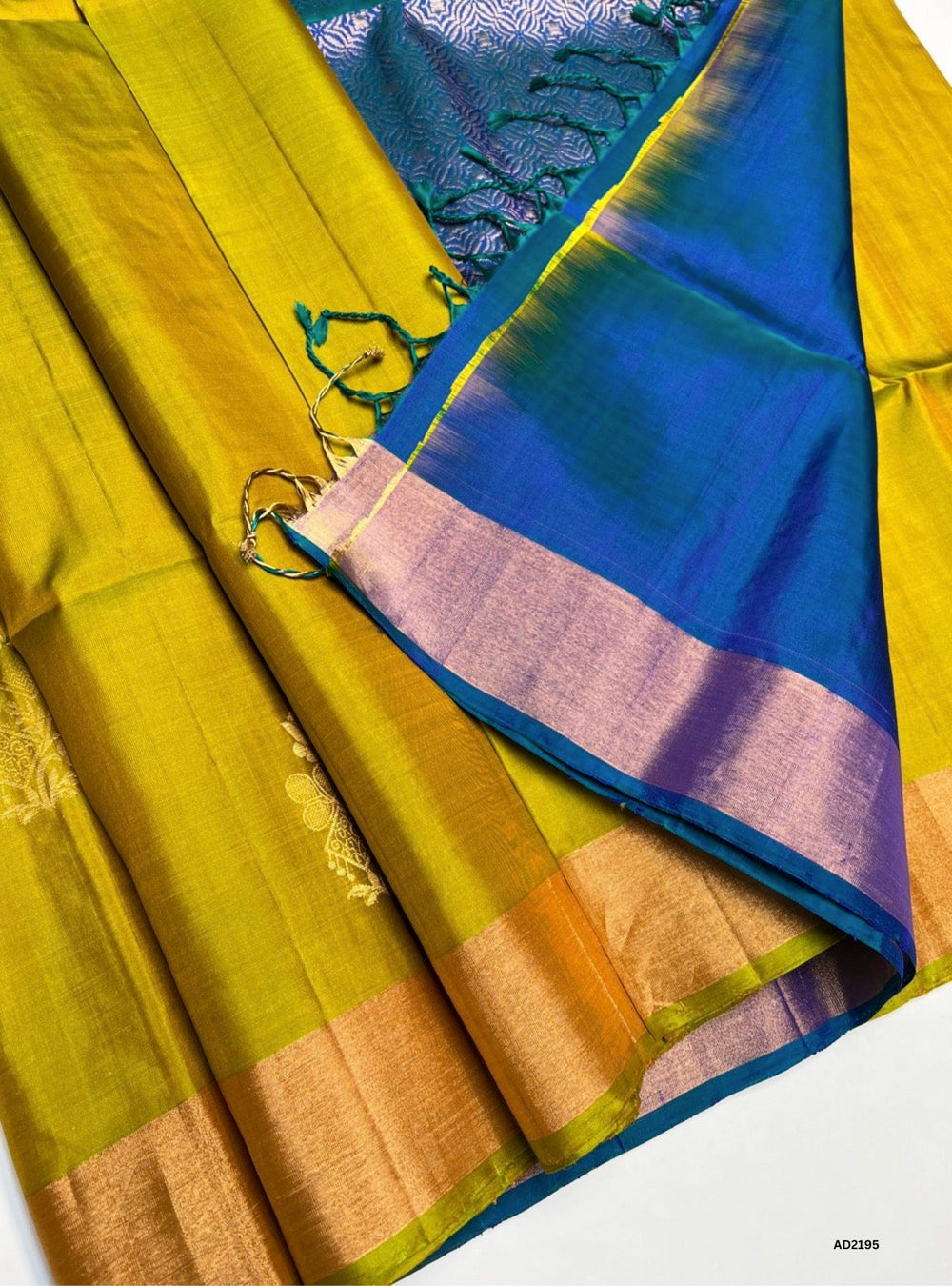 Dark Lime Yellow & Peacock Blue - Soft Silk Saree