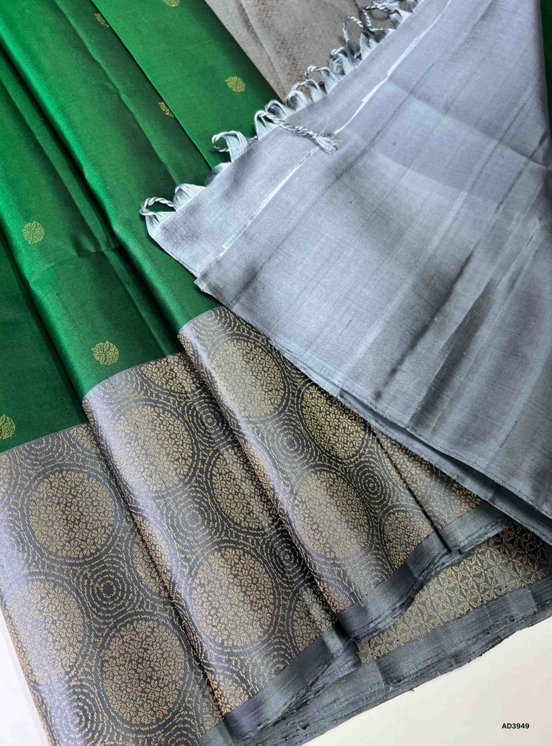 Green & Grey - One Side Fancy Border Soft Silk Saree
