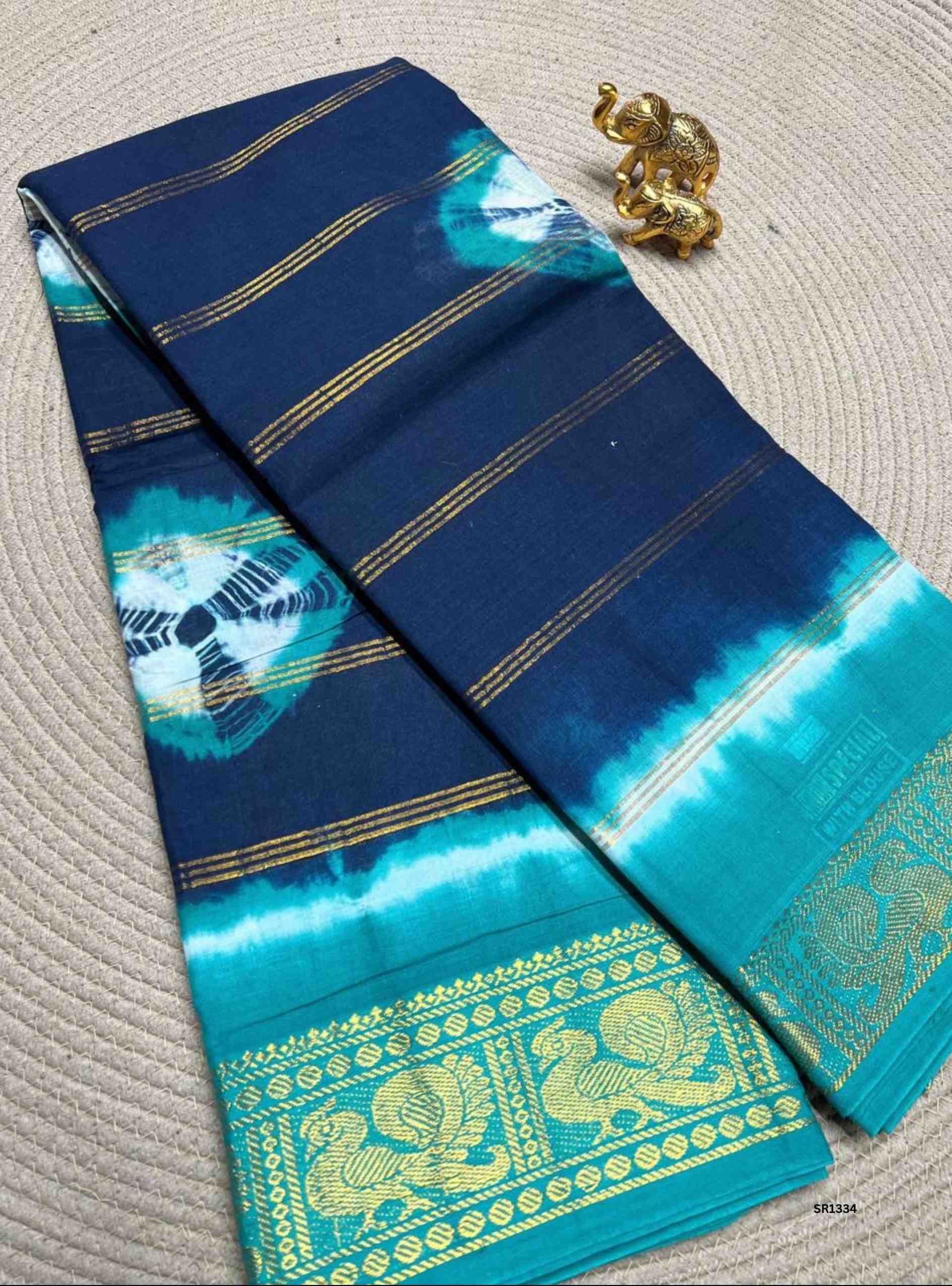 Navy Blue & Rama Green - Velthaari X Bandhini Cotton Saree