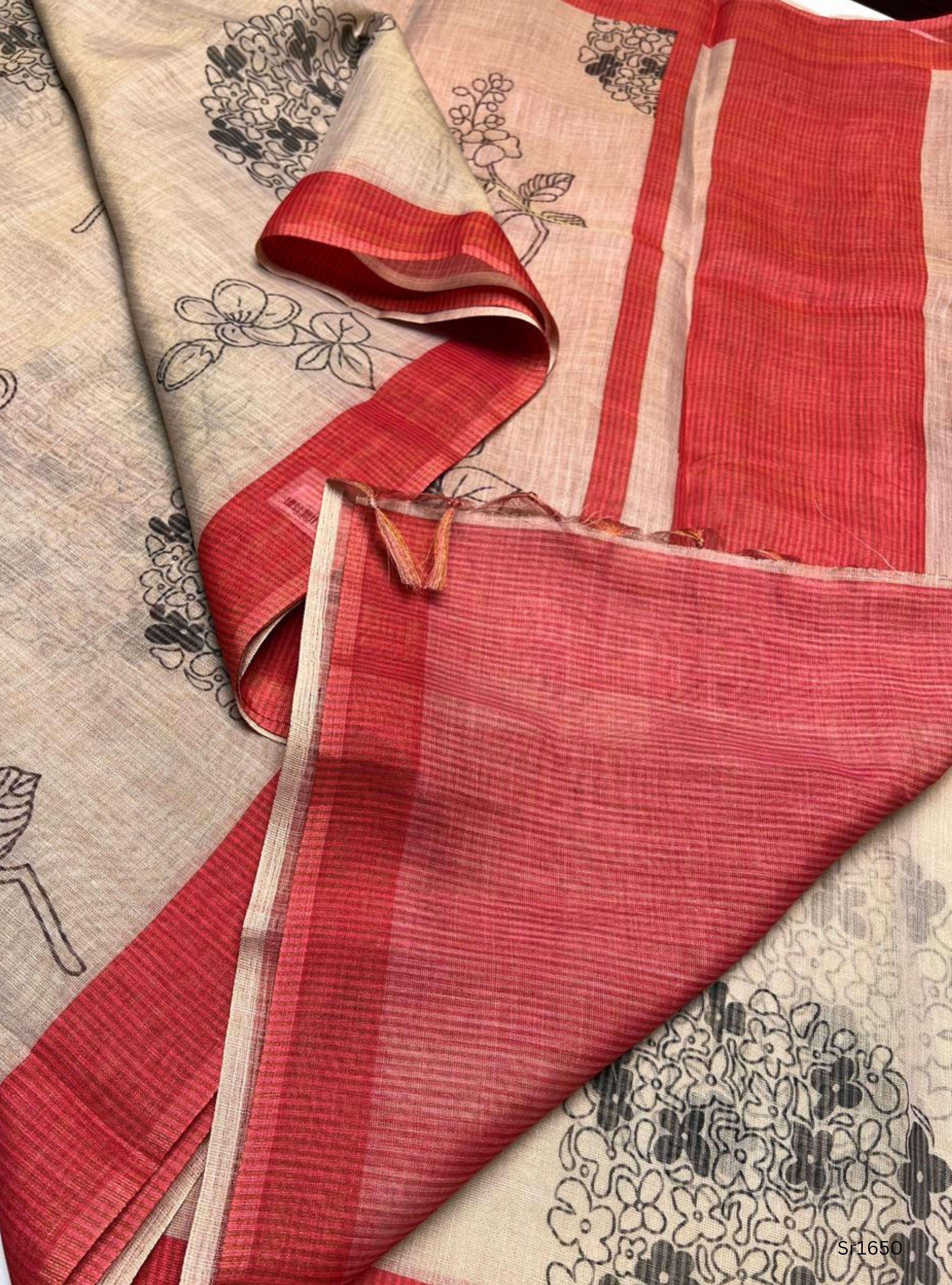 Cream & Red - Linen Saree