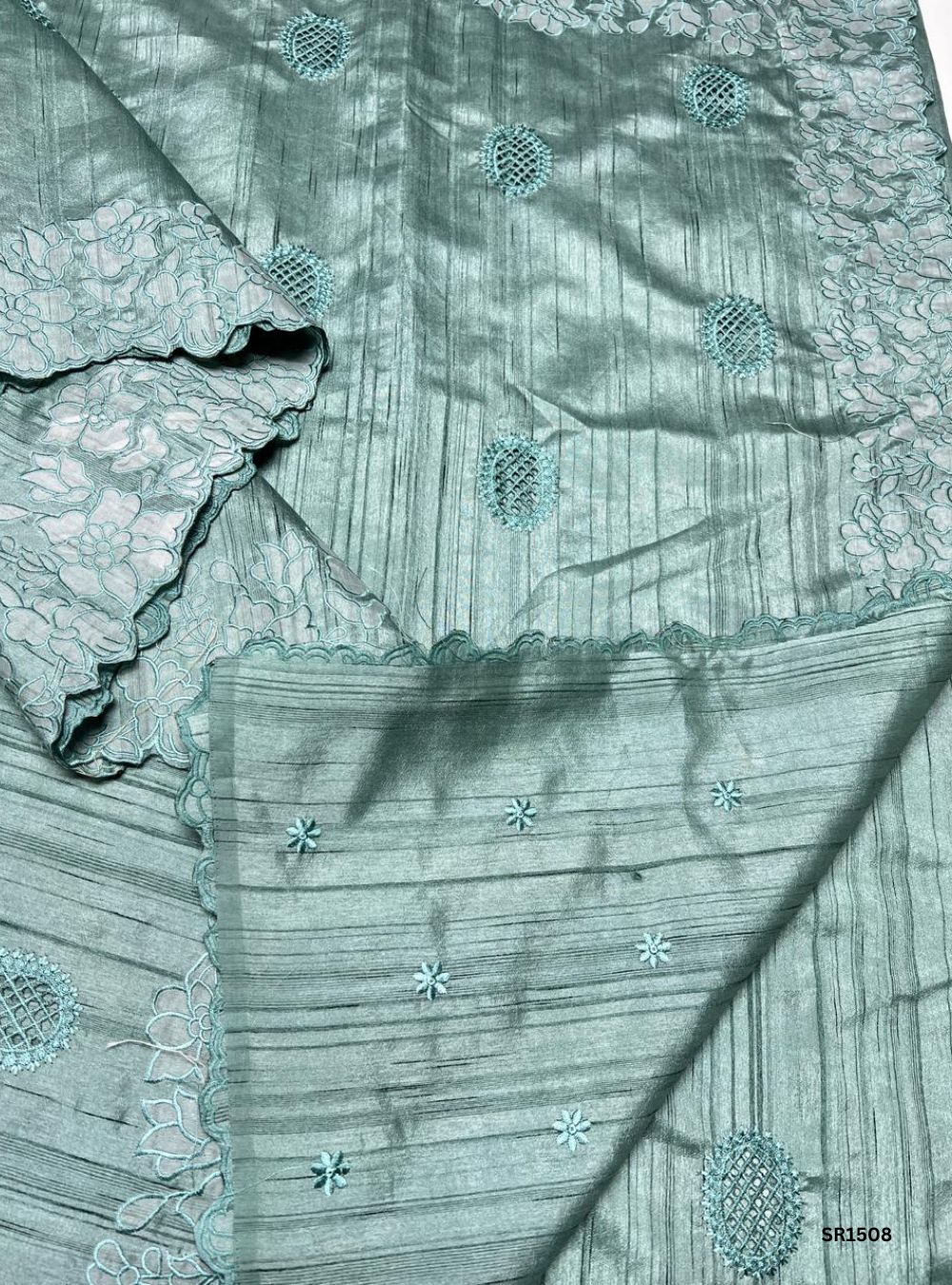Sage Green - Semi Tussar Applique Cut Work Saree