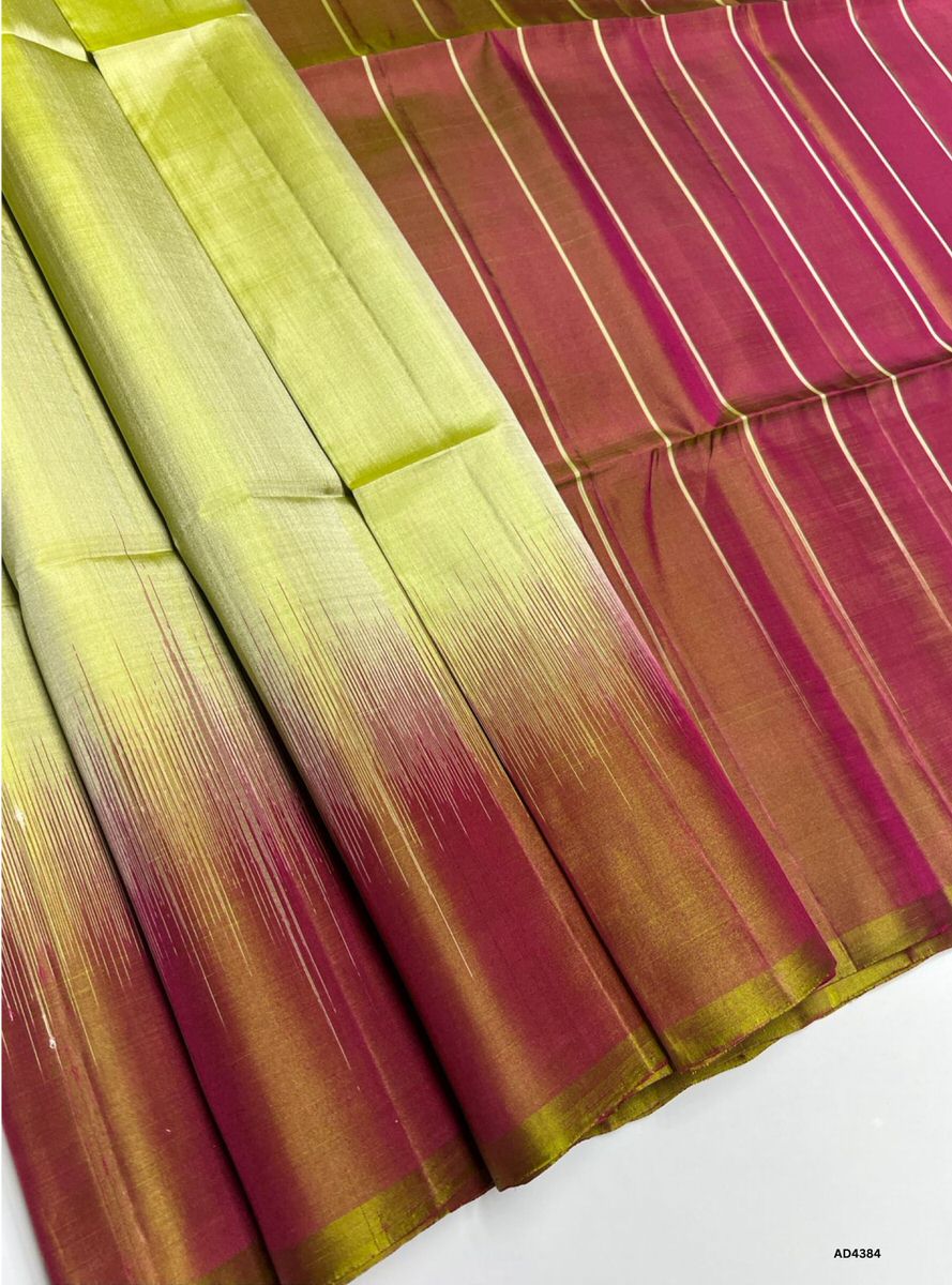 Pale Olive Green & Dual Tone Pink - Contrast Plain Soft Silk Saree