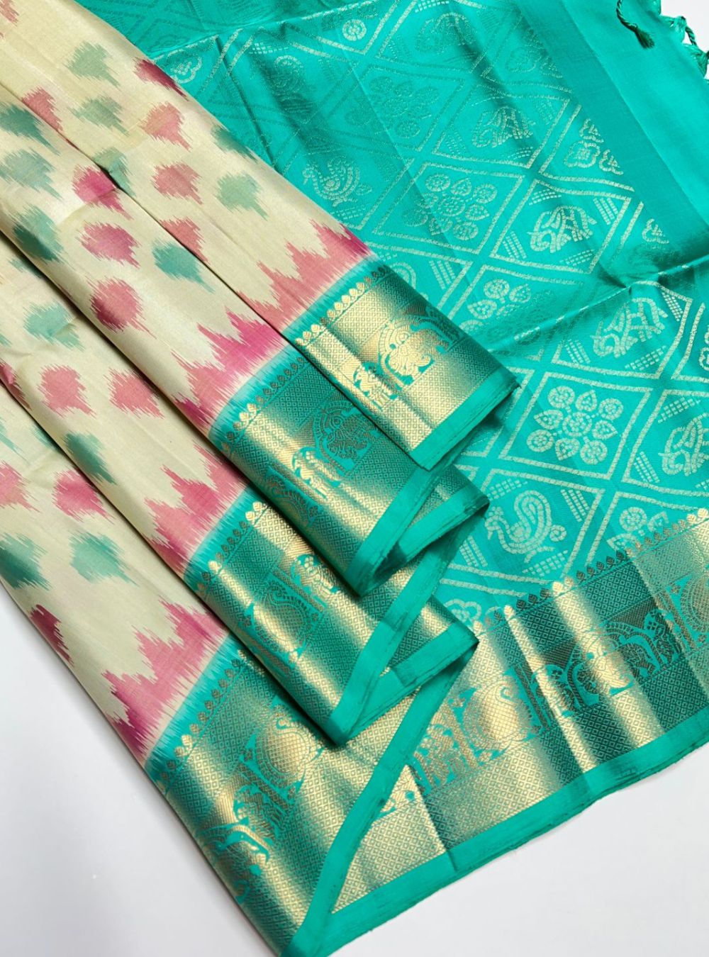 Half White Green & Rama Green - Soft Silk Saree