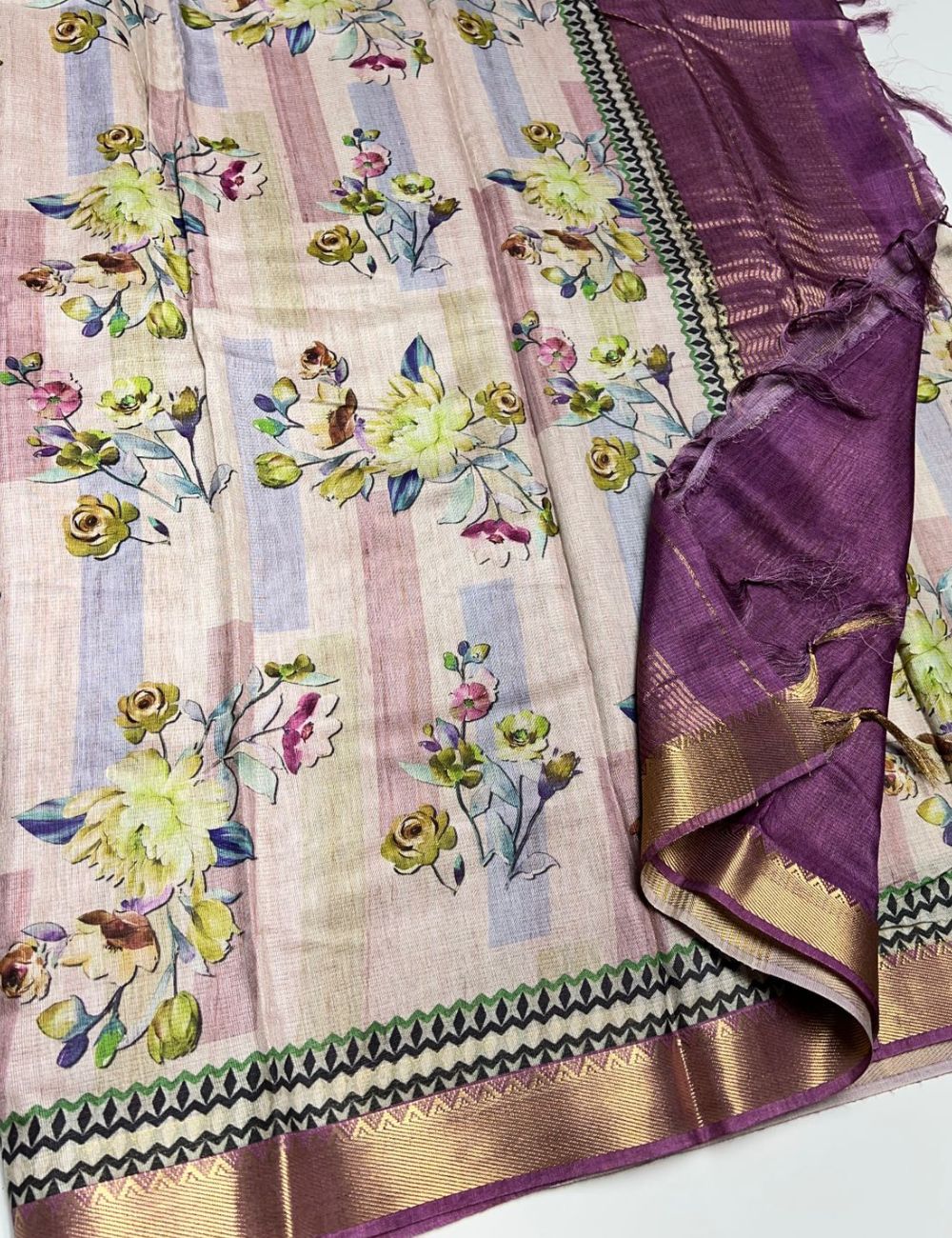 Half White & Purple - Semi Tusser Saree
