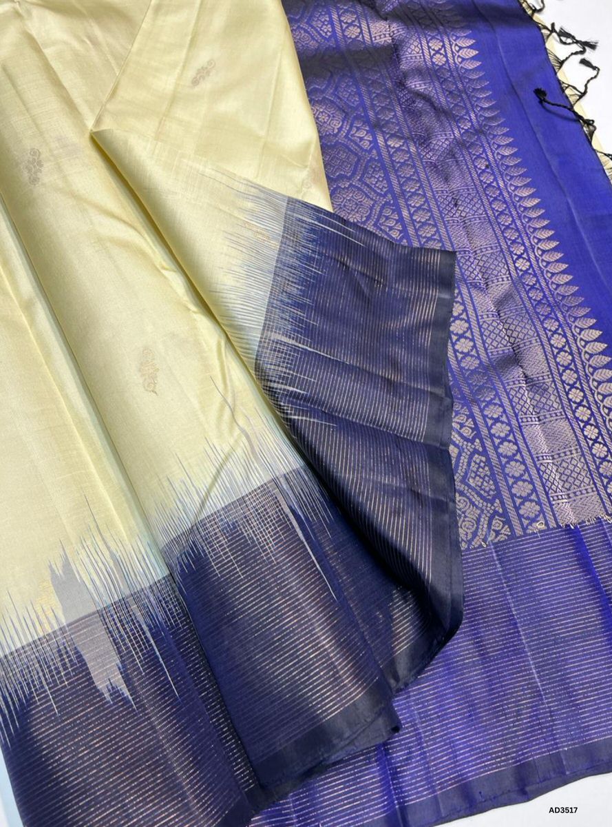 Cream & Dark Blue - Ganga Jammuna Soft Silk Saree