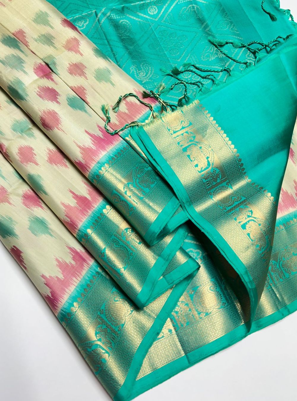 Half White Green & Rama Green - Soft Silk Saree