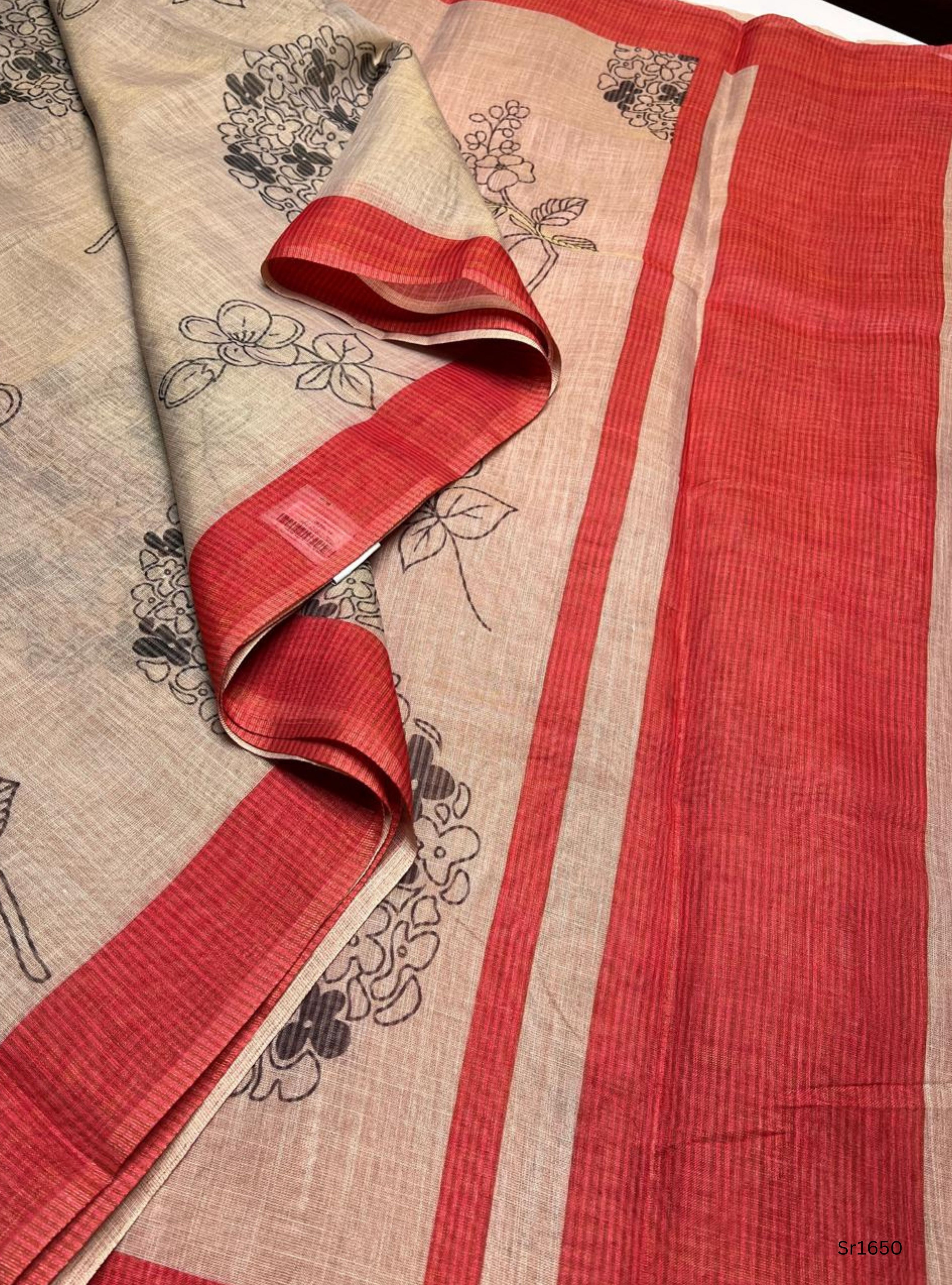 Cream & Red - Linen Saree