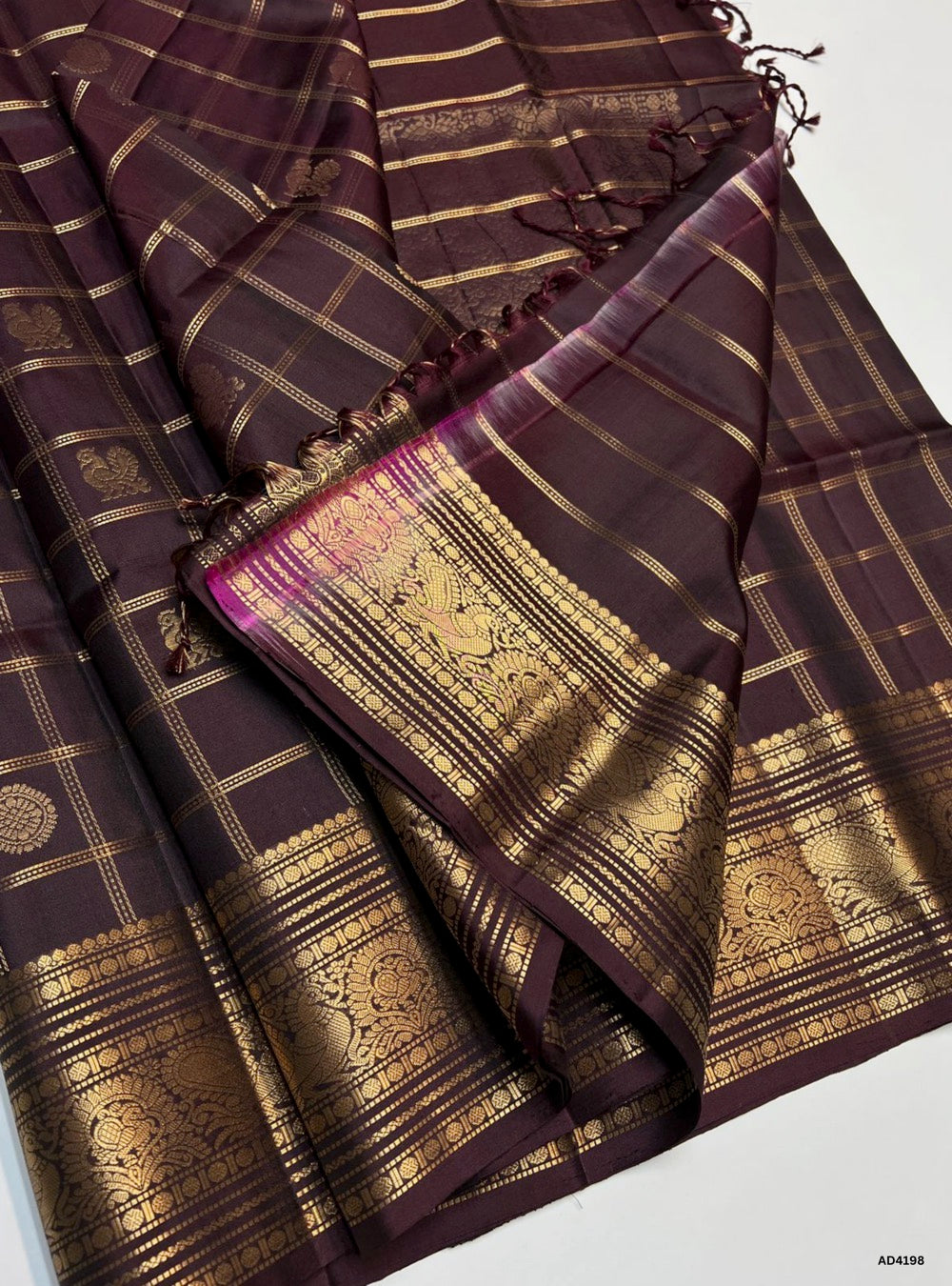 Dark Coffee Brown - Checkerd Kanchi Border Soft Silk Saree