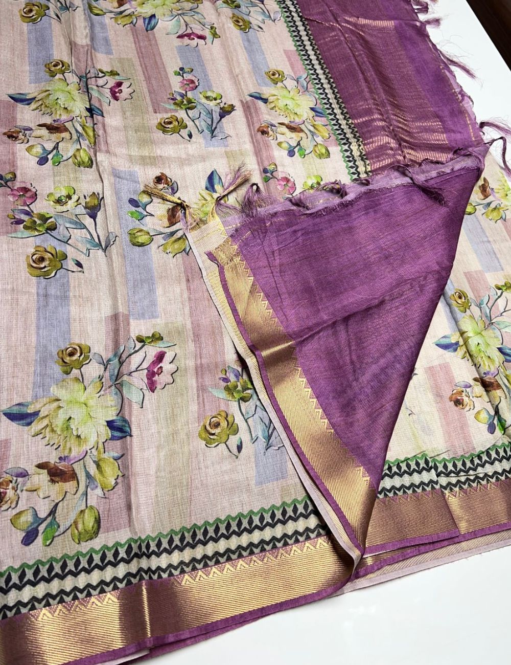 Half White & Purple - Semi Tusser Saree