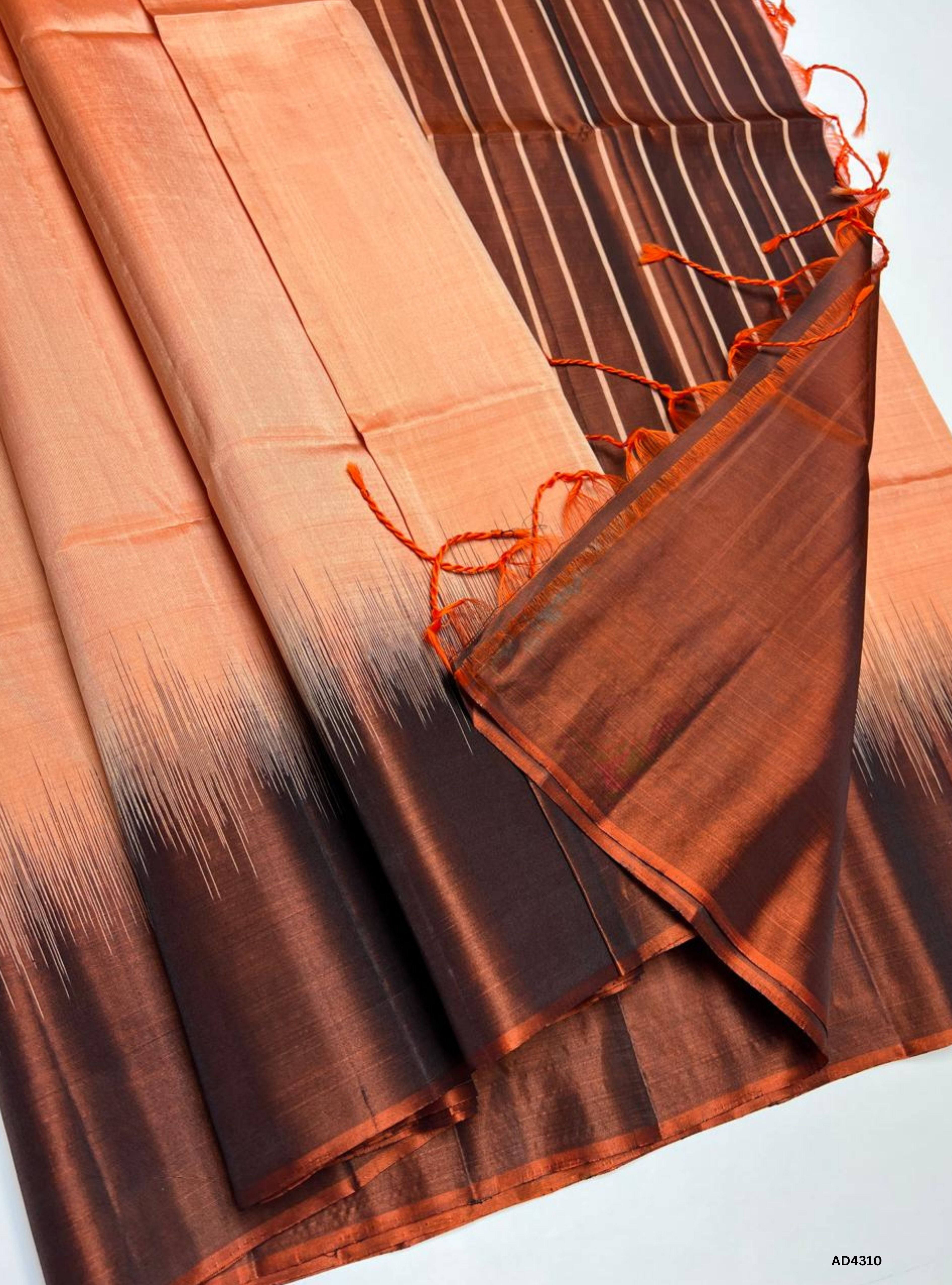 Peach & Rust Brown - Contrast Plain Soft Silk Saree