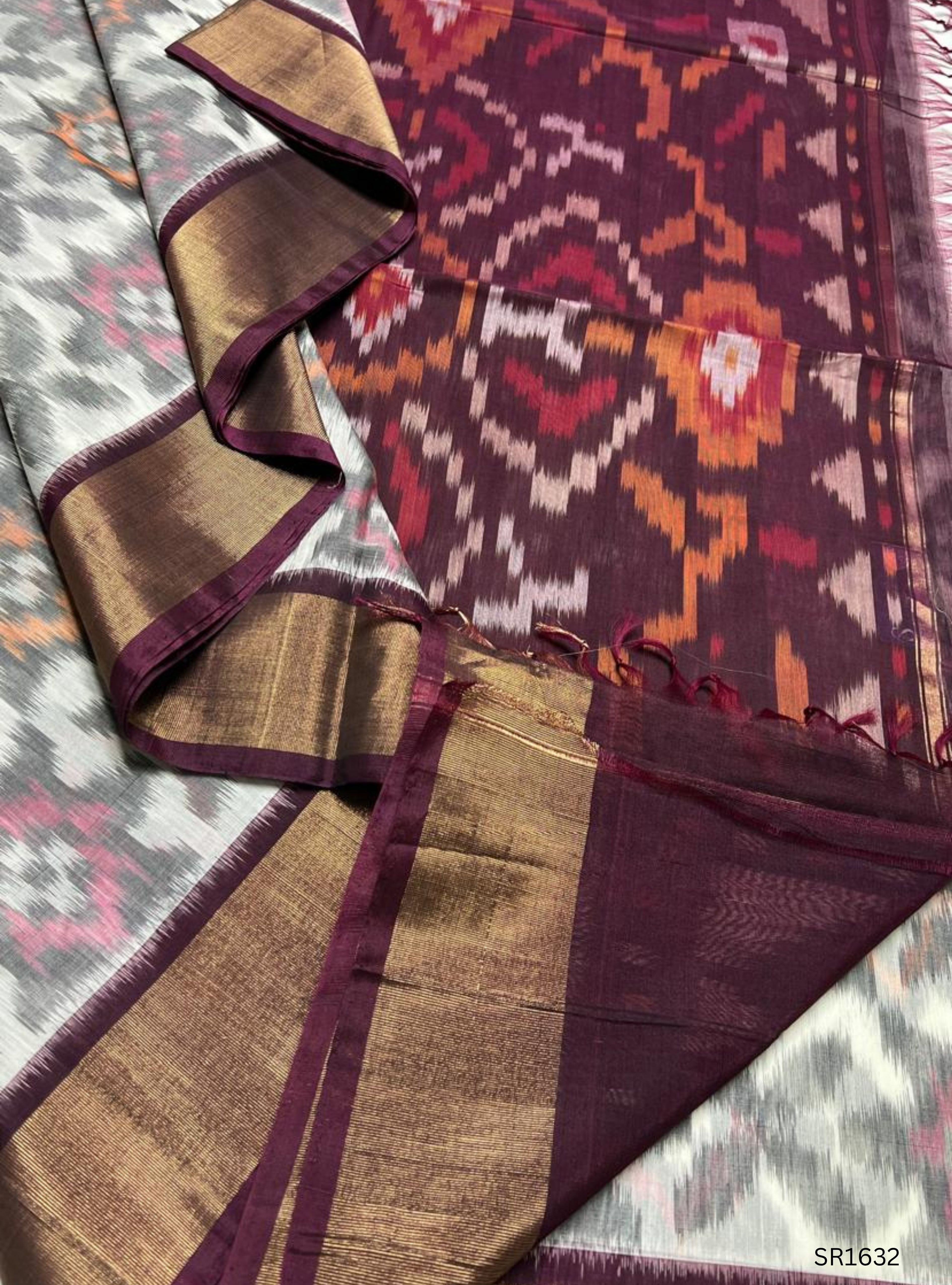 White , Black & Plum - Ikkat Kora Cotton Saree