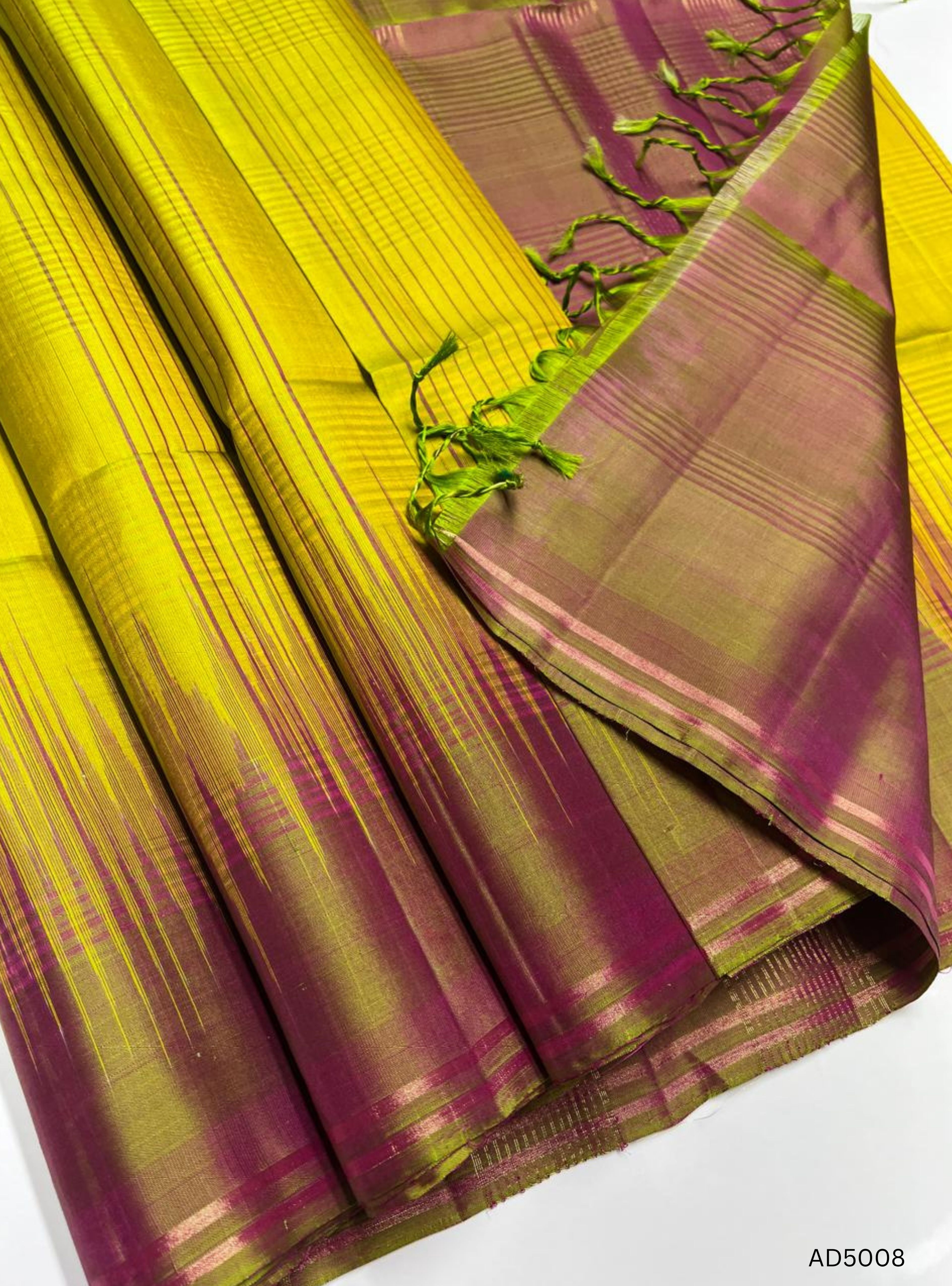Lime Yellow & Dual Tone Pink - Checks with Contrast Border Soft Silk Saree