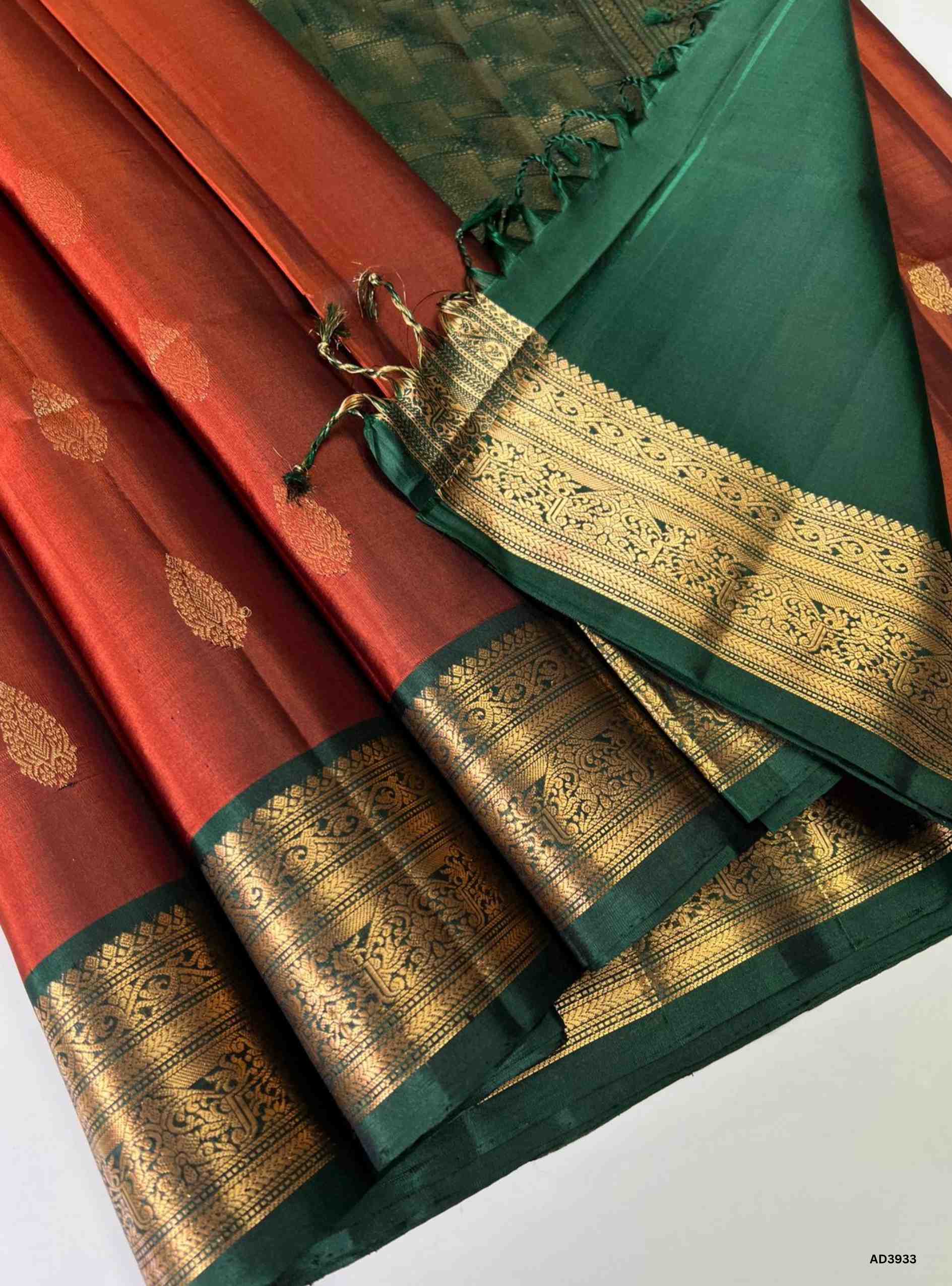 Brick Brown & Dark Green - Kanchi Border Soft Silk Saree
