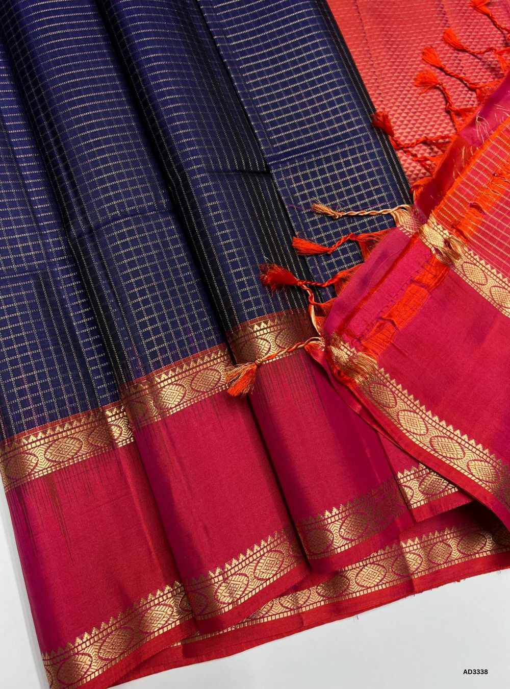 Dark Blue & Orangish Pink - Soft Silk Saree