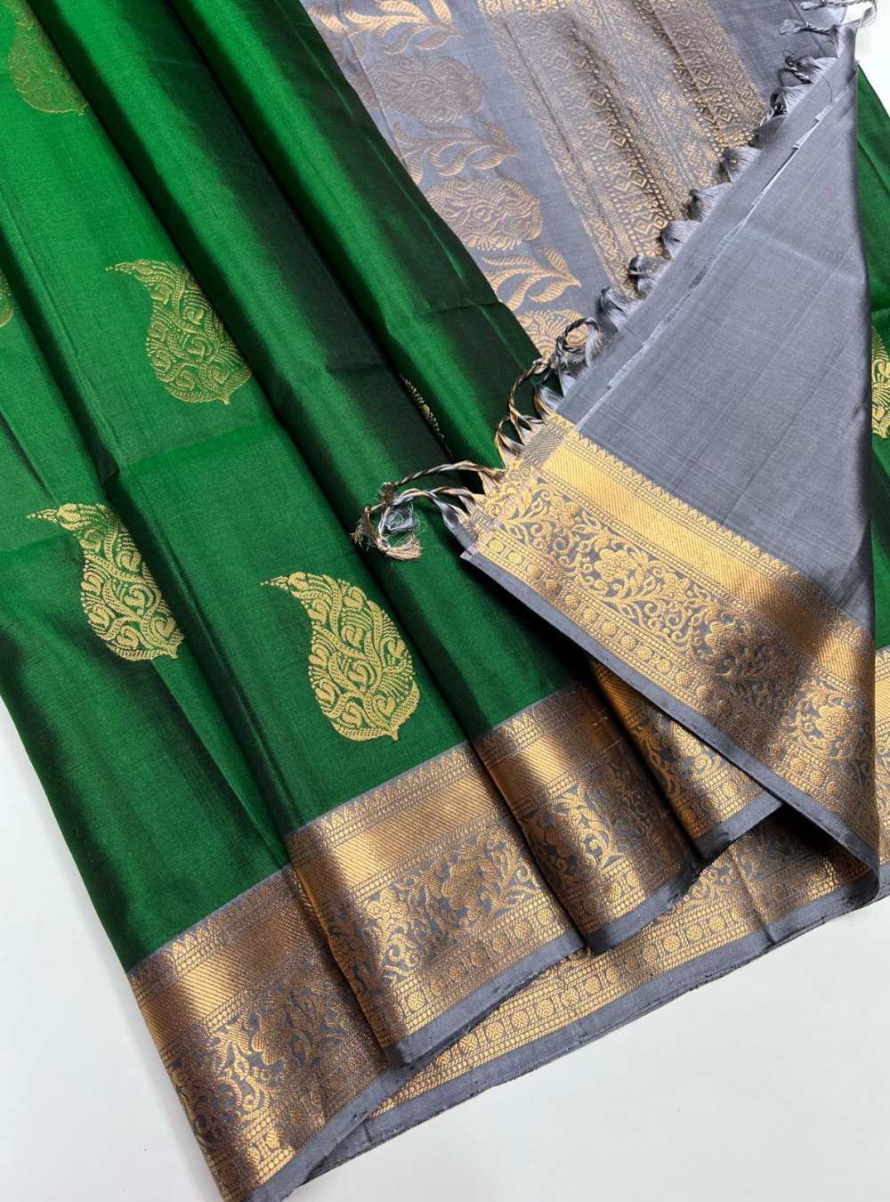 Bottle Green & Grey - Soft Silk Saree