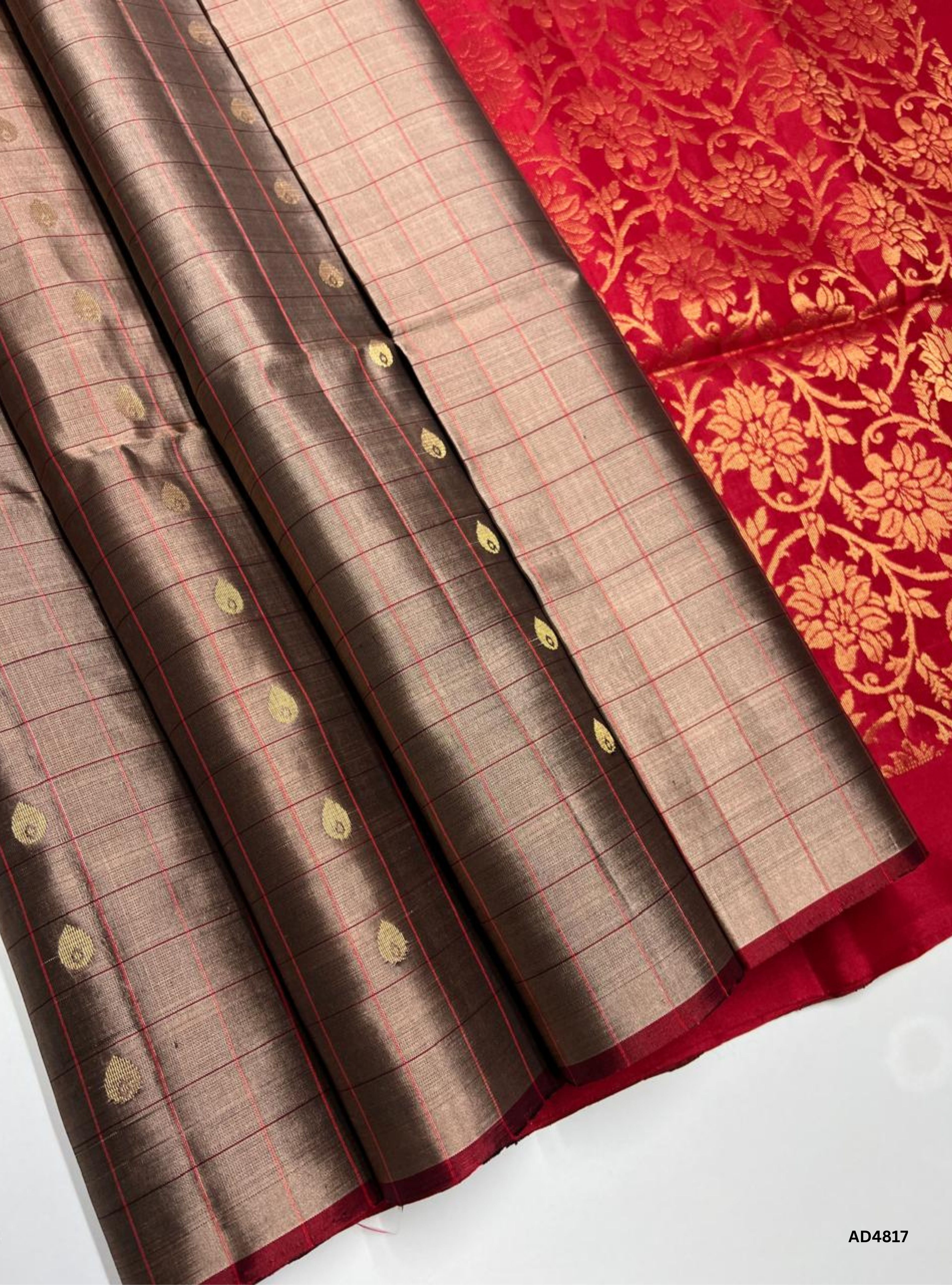 Stone Grey & Red - Checkerd Soft Silk Saree