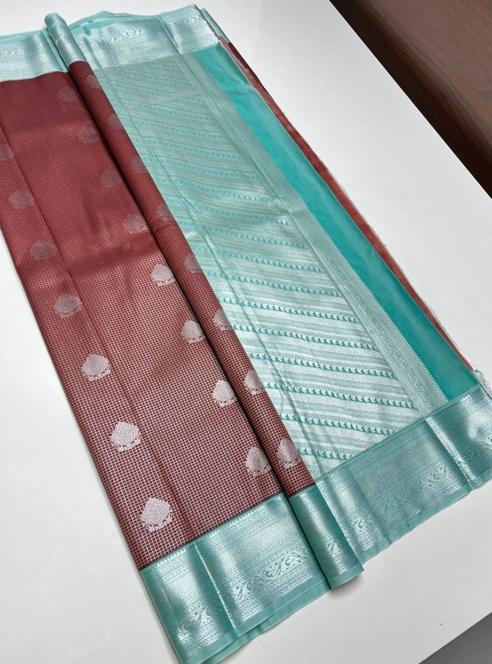 Brown & Ice Blue - Vegan Silk Saree