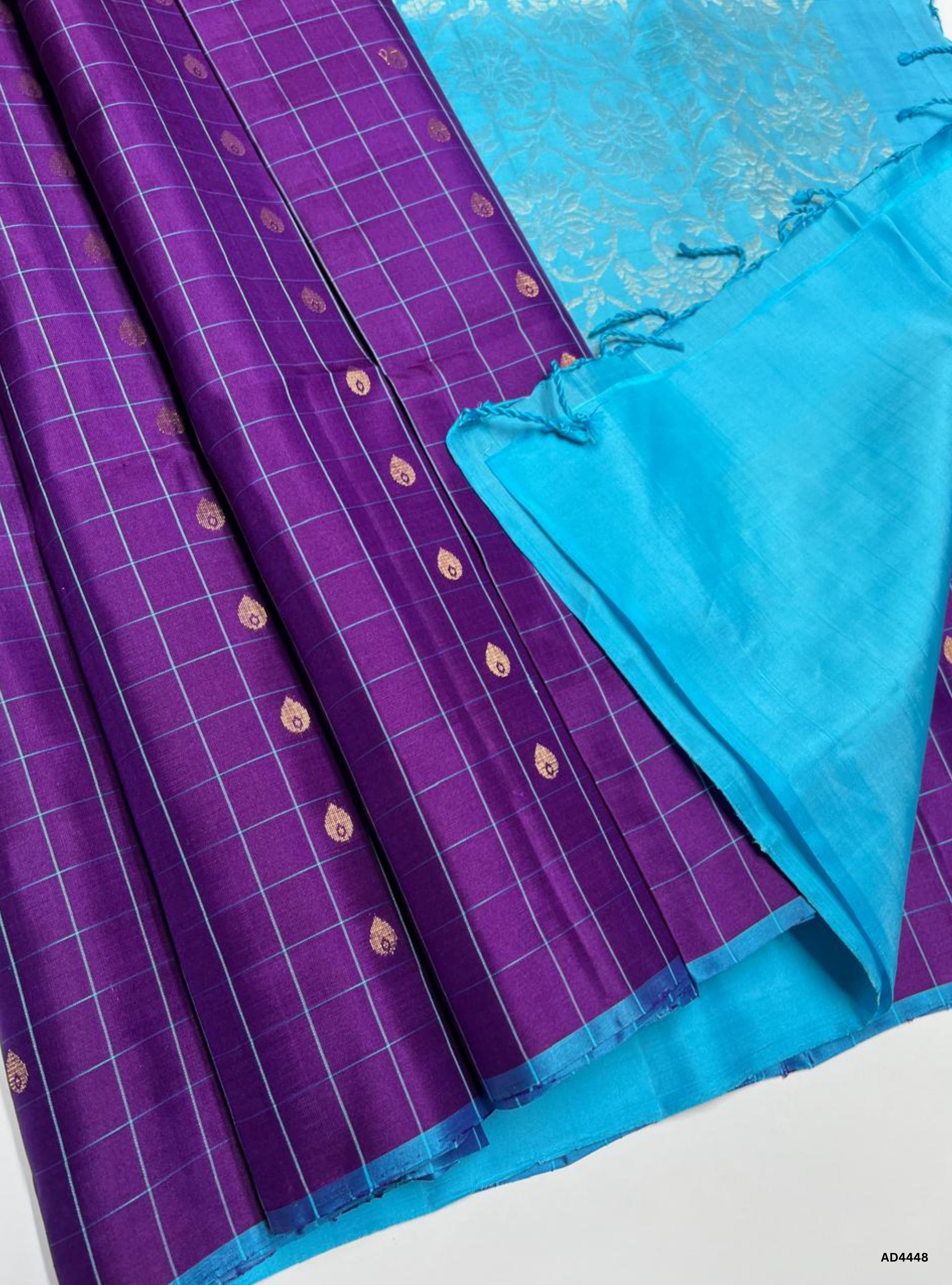Purple & Ice Blue - Checkerd Soft Silk Saree