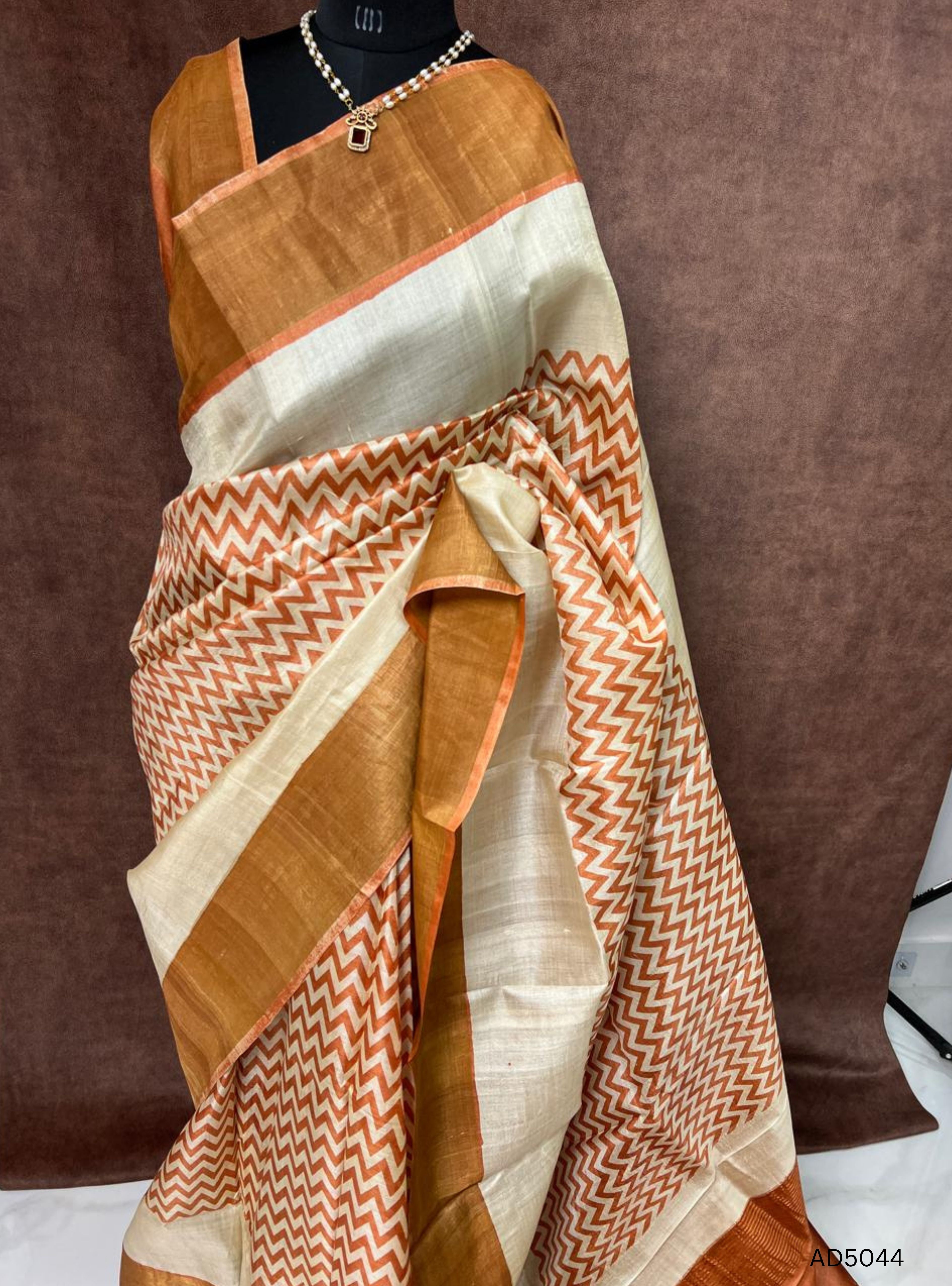Half White & Orange - Pure Tussar Saree