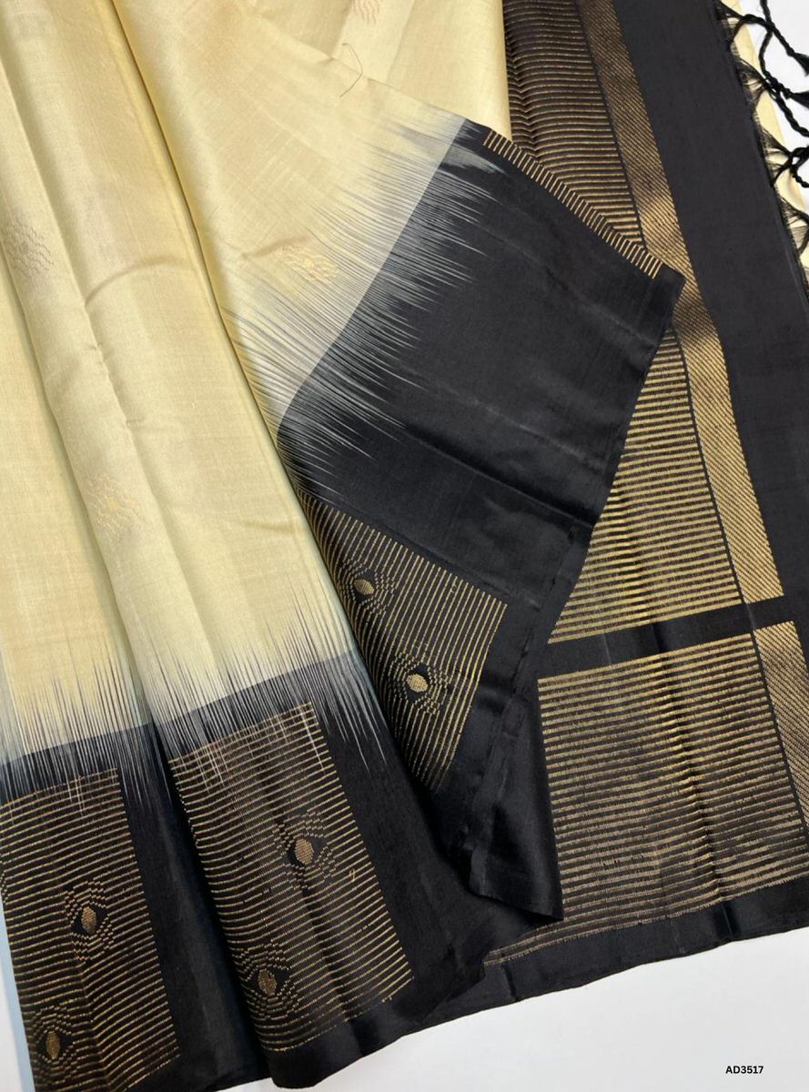 Cream & Black - Soft Silk Saree