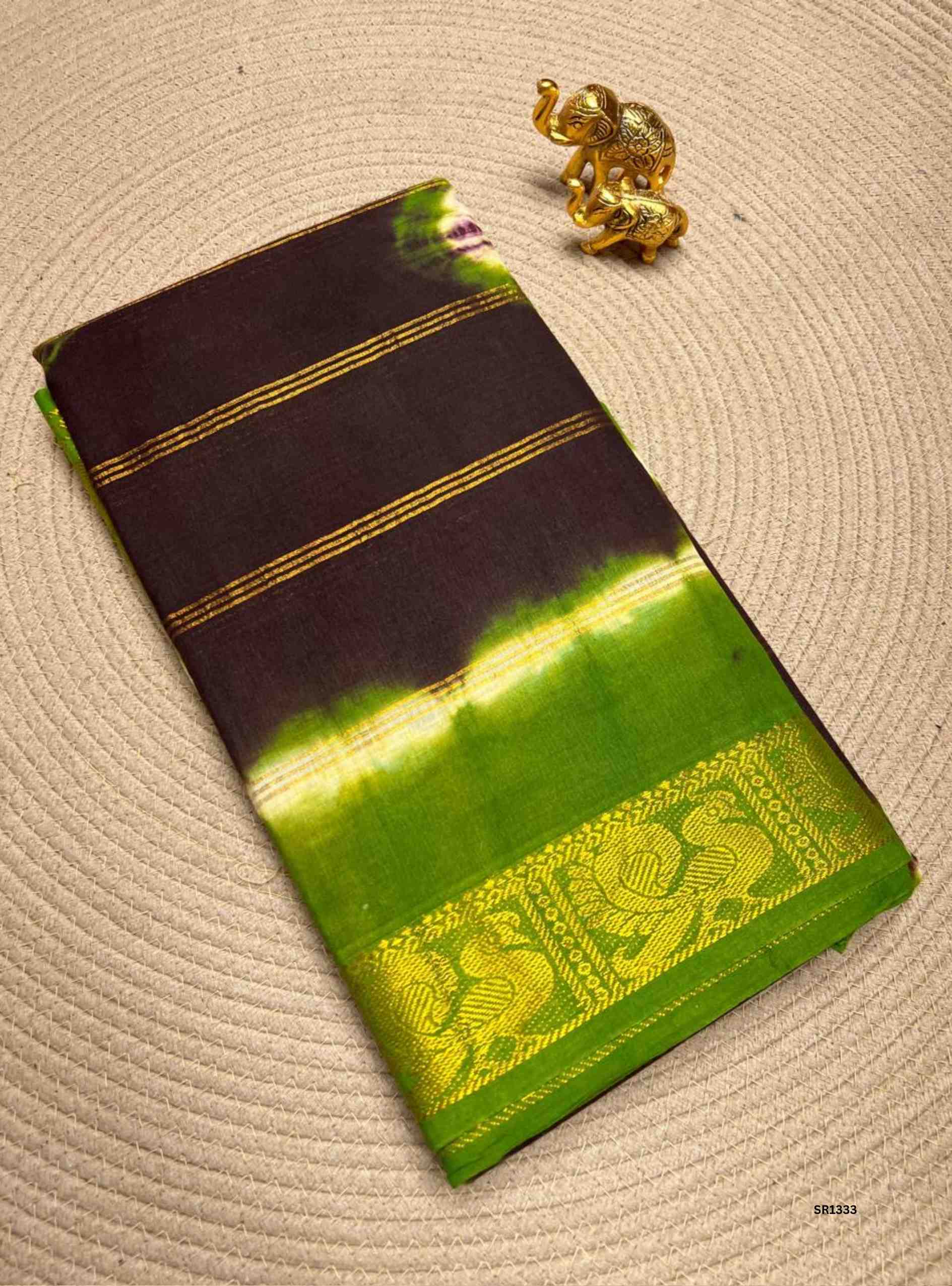 Brown & Green - Velthaari X Bandhini Cotton Saree