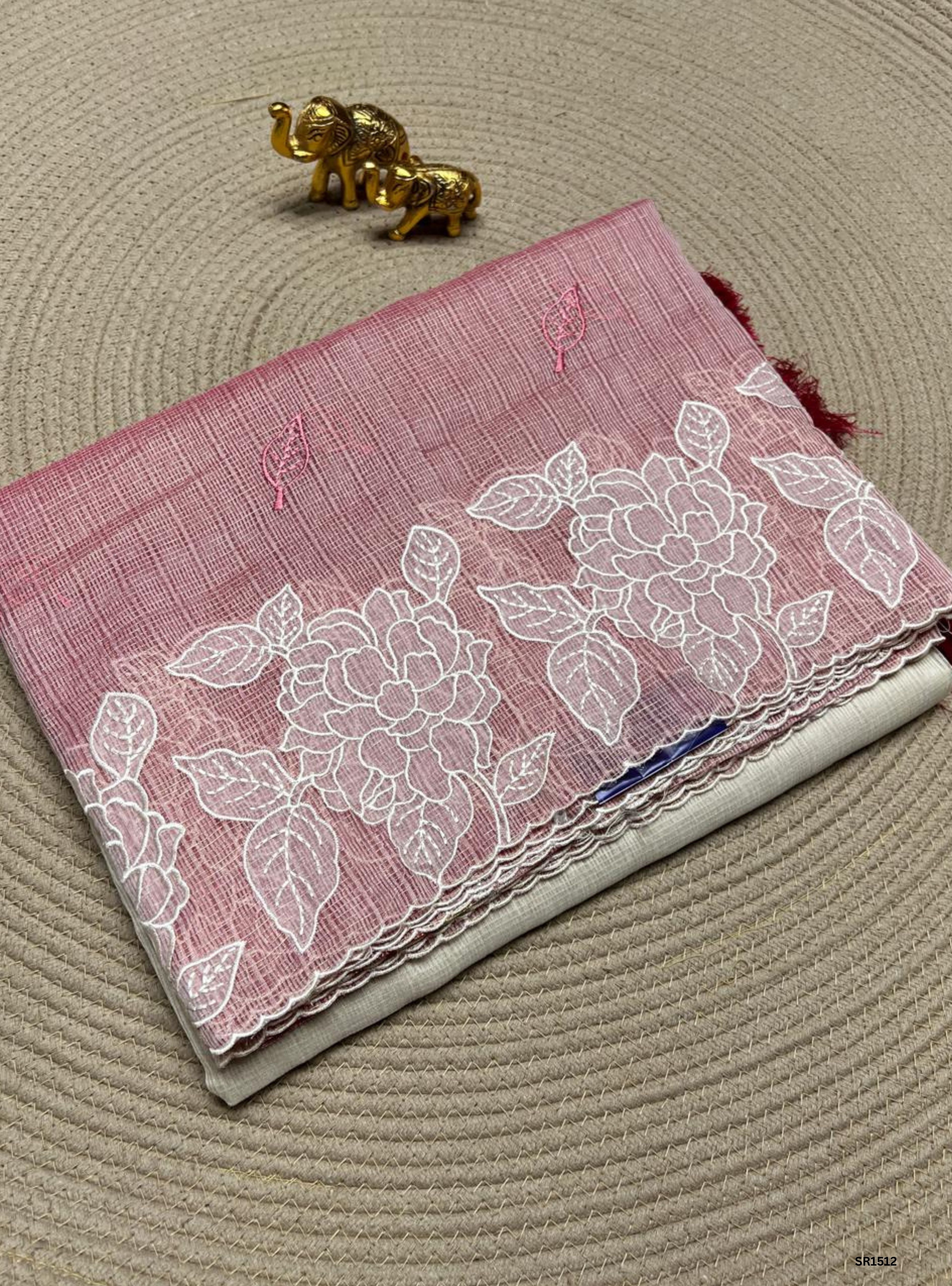 Cream & Pink - Kota Applique Work Saree