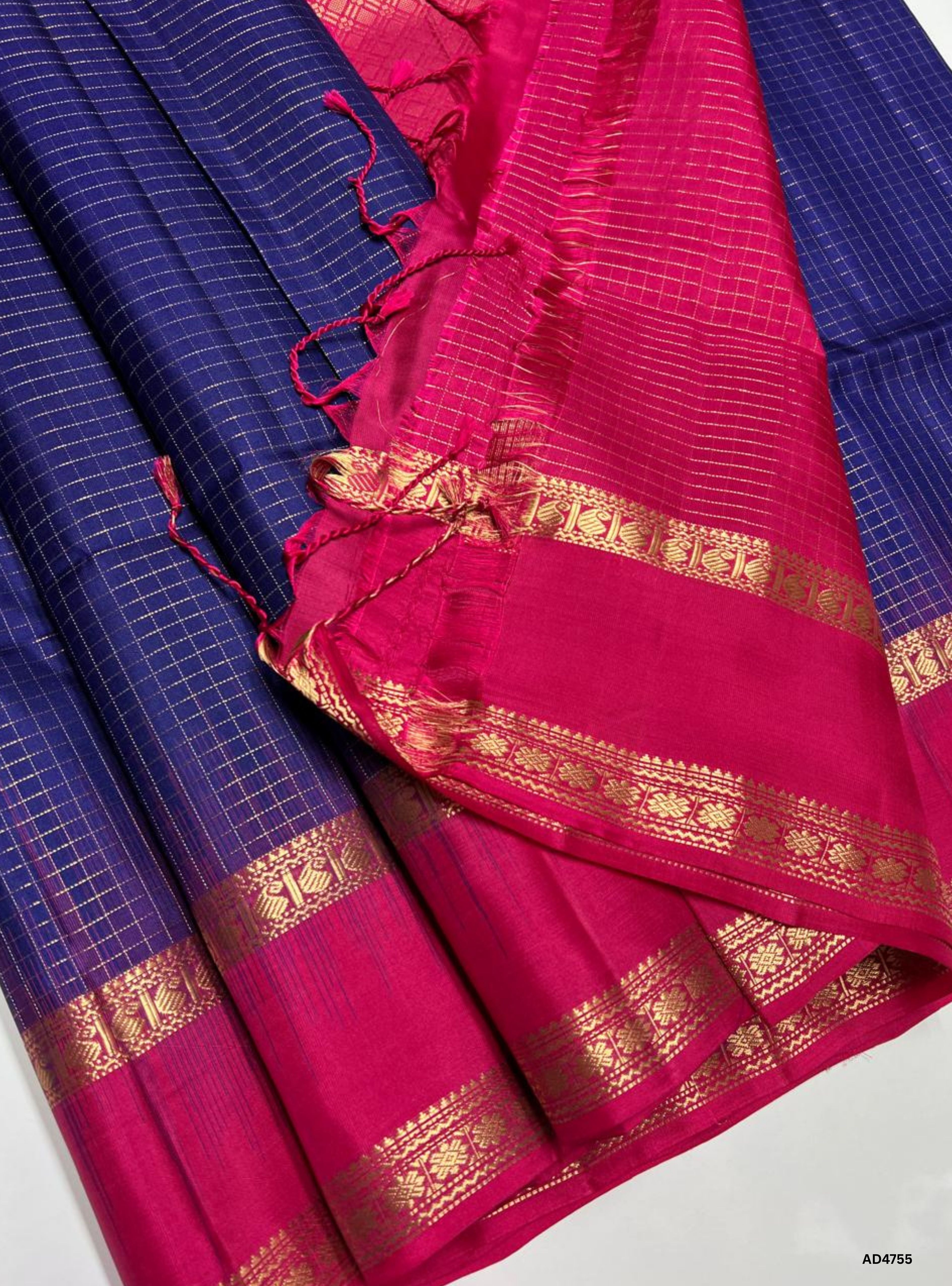 Ink Blue & Pink - Checkerd Retta Pet Soft Silk Saree