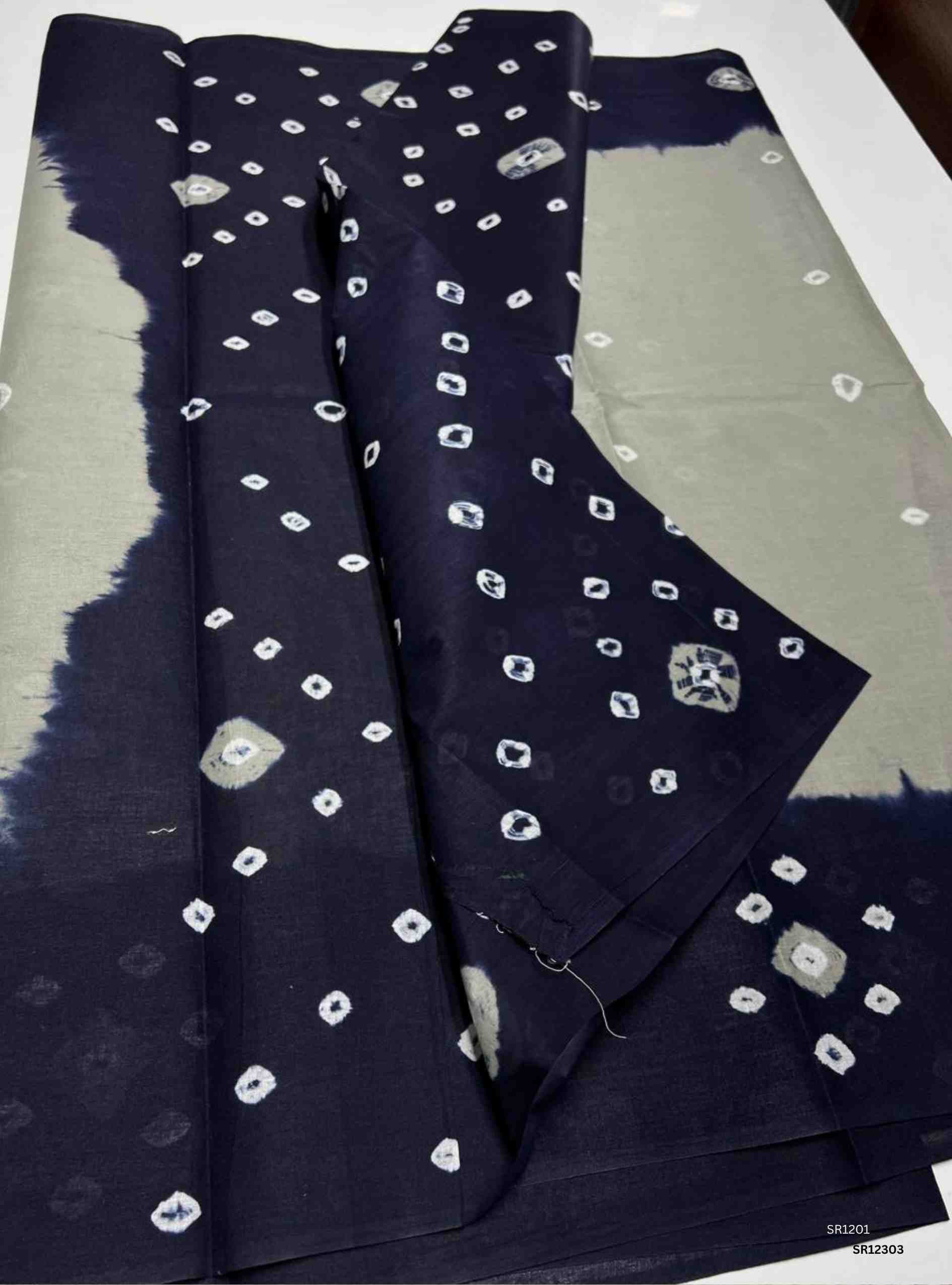 Grey & Navy Blue - Bandhini Cotton Saree